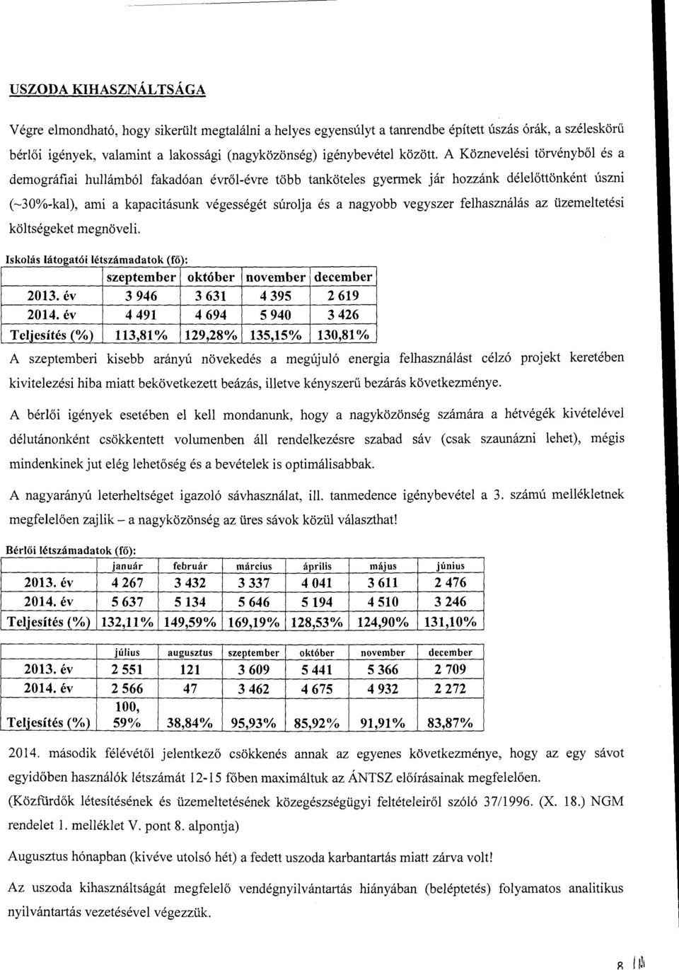 fehasznáás az üzemetetési kötségeket megnövei. Iskoás átogatói étszámadatok (fő) szeptember október november december 2013.év 3 946 3 631 4 395 2 619 2014.