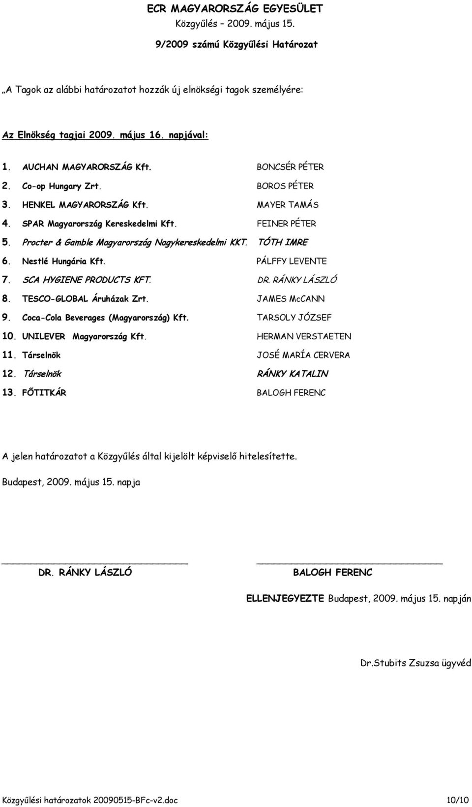 Procter & Gamble Magyarország Nagykereskedelmi KKT. TÓTH IMRE 6. Nestlé Hungária Kft. PÁLFFY LEVENTE 7. SCA HYGIENE PRODUCTS KFT. 8. TESCO-GLOBAL Áruházak Zrt. JAMES McCANN 9.