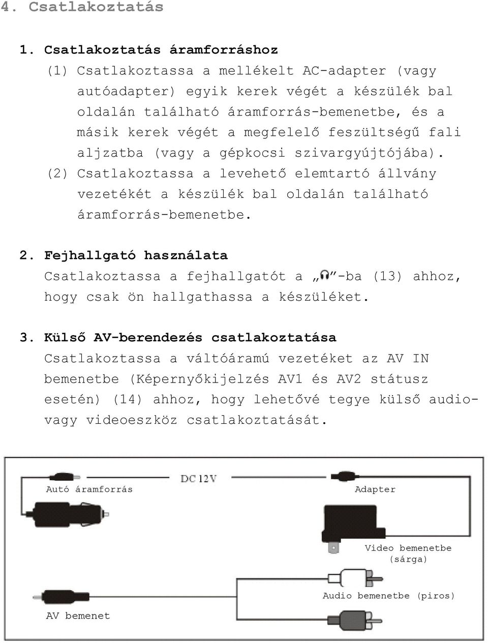 feszültségű fali aljzatba (vagy a gépkocsi szivargyújtójába). (2) Csatlakoztassa a levehető elemtartó állvány vezetékét a készülék bal oldalán található áramforrás-bemenetbe. 2.