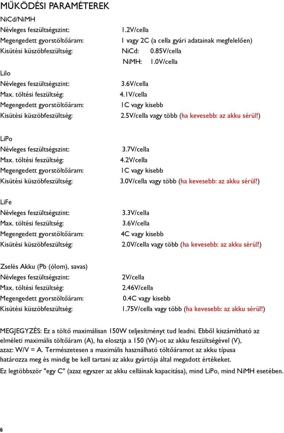 5V/cella vagy több (ha kevesebb: az akku sérül!) LiPo Névleges feszültségszint: Max. töltési feszültség: Megengedett gyorstöltőáram: Kisütési küszöbfeszültség: 3.7V/cella 4.2V/cella 1C vagy kisebb 3.