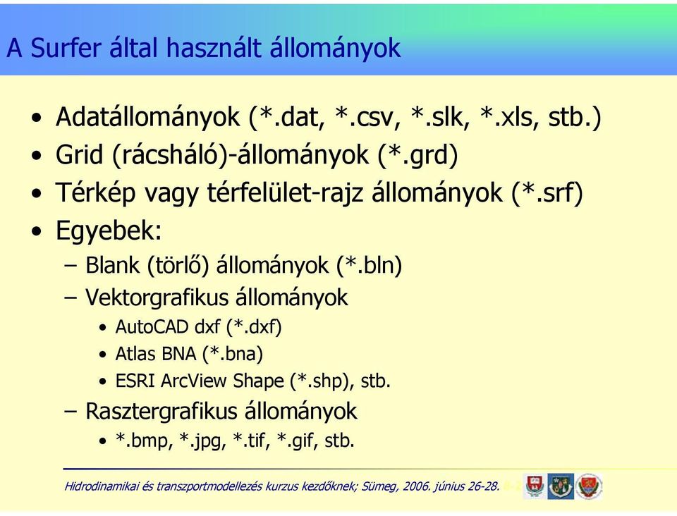 srf) Egyebek: Blank (törlő) állományok (*.bln) Vektorgrafikus állományok AutoCAD dxf (*.