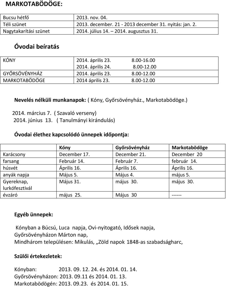 , Markotabödöge.) 2014. március 7. ( Szavaló verseny) 2014. június 13. ( Tanulmányi kirándulás) Óvodai élethez kapcsolódó ünnepek időpontja: Kóny Győrsövényház Markotabödöge Karácsony December 17.