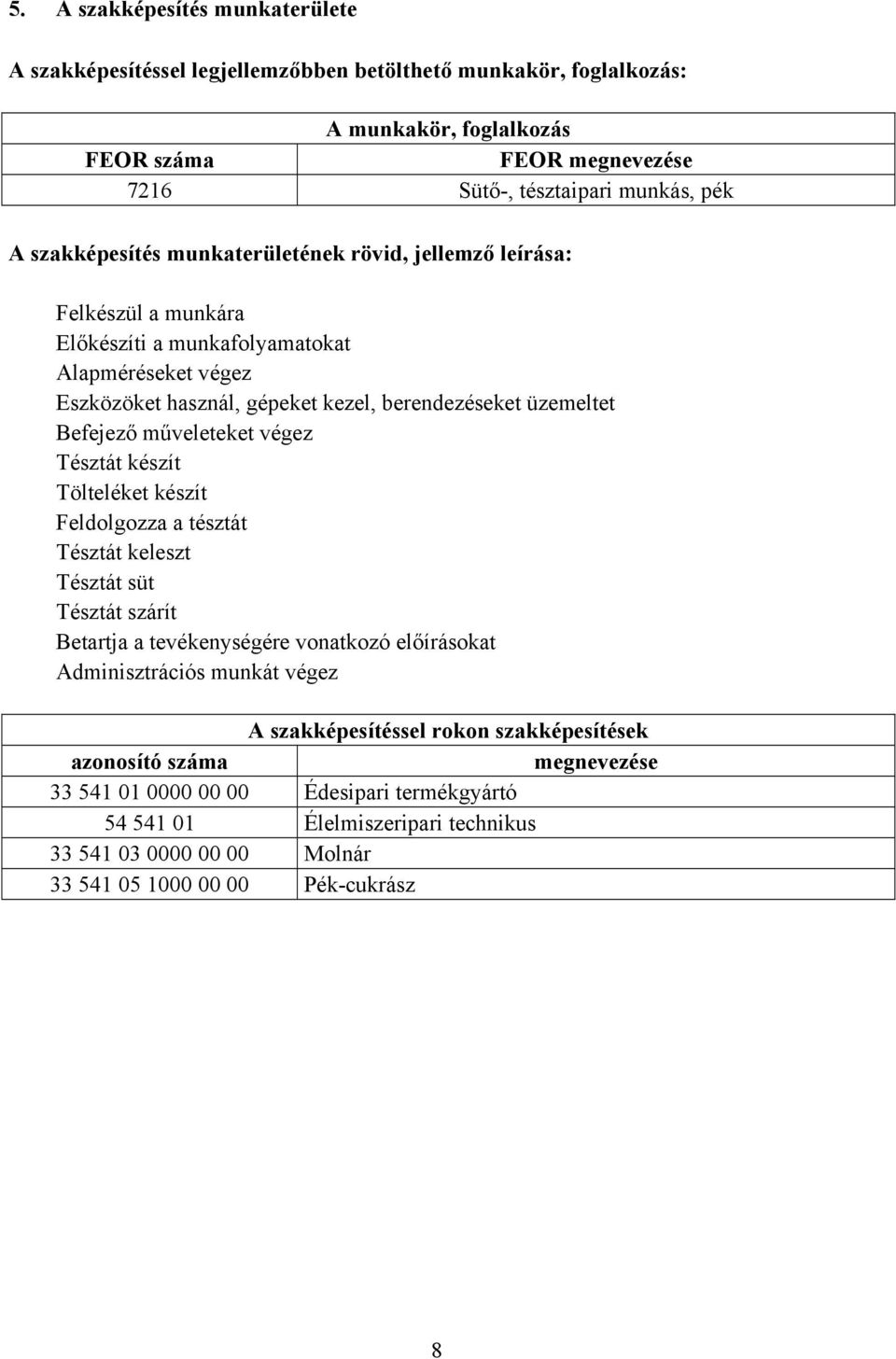 műveleteket végez Tésztát készít Tölteléket készít Feldolgozza a tésztát Tésztát keleszt Tésztát süt Tésztát szárít Betartja a tevékenységére vonatkozó előírásokat Adminisztrációs munkát végez A