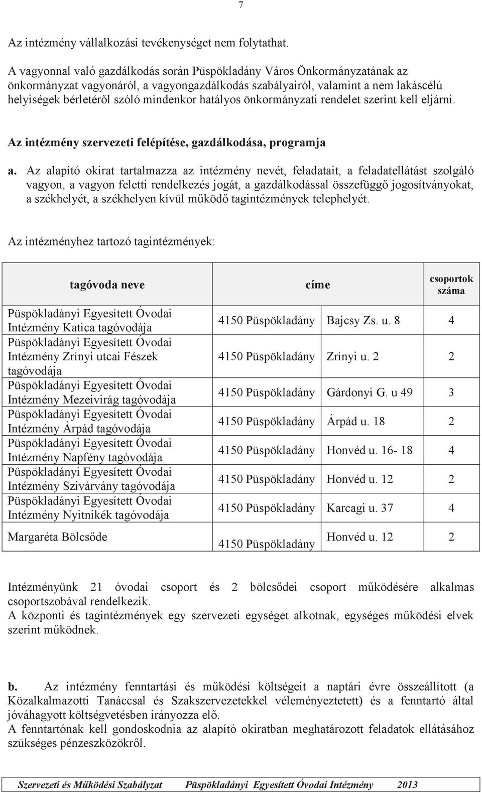 hatályos önkormányzati rendelet szerint kell eljárni. Az intézmény szervezeti felépítése, gazdálkodása, programja a.