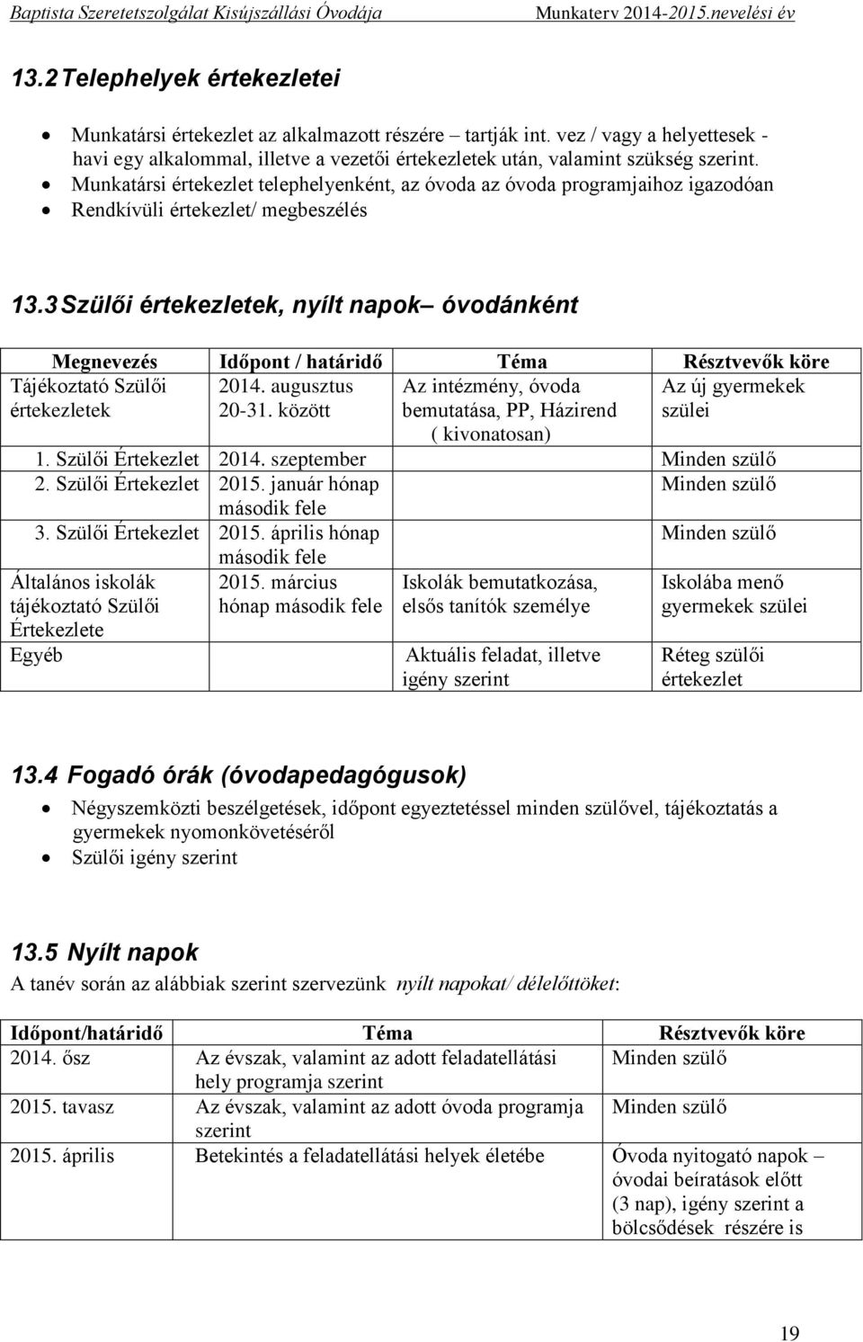 3 Szülői értekezletek, nyílt napok óvodánként Megnevezés Időpont / határidő Téma Résztvevők köre Tájékoztató Szülői értekezletek 2014. augusztus 20-31.