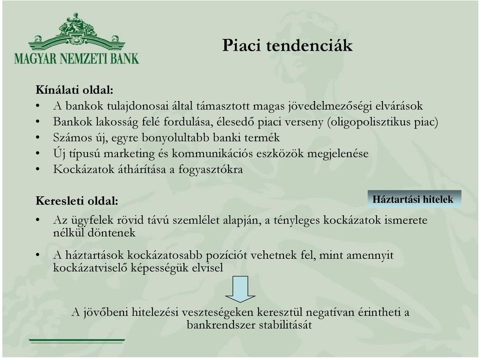 fogyasztókra Keresleti oldal: Az ügyfelek rövid távú szemlélet alapján, a tényleges kockázatok ismerete nélkül döntenek A háztartások kockázatosabb pozíciót