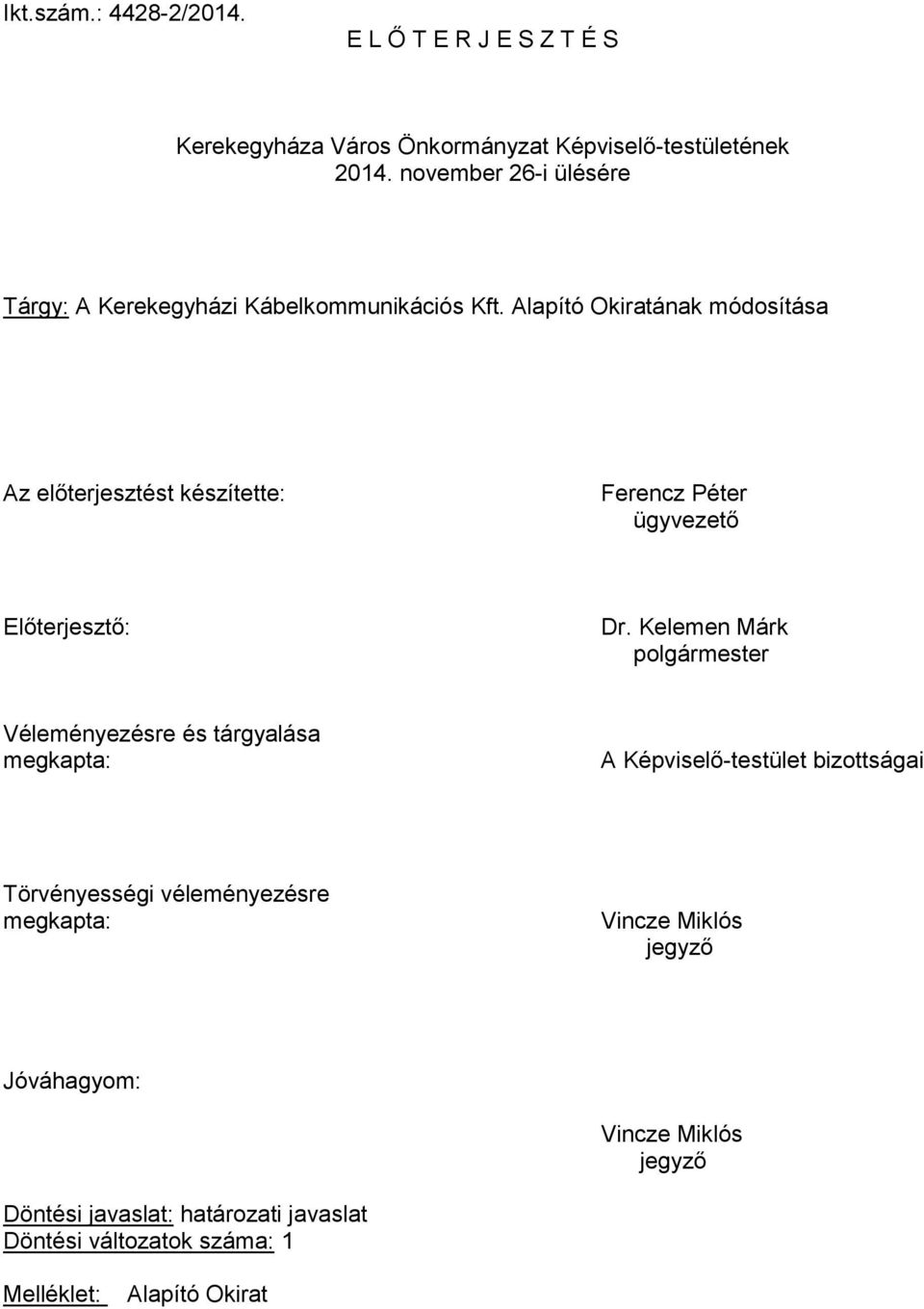 Alapító Okiratának módosítása Az előterjesztést készítette: Ferencz Péter ügyvezető Előterjesztő: Dr.