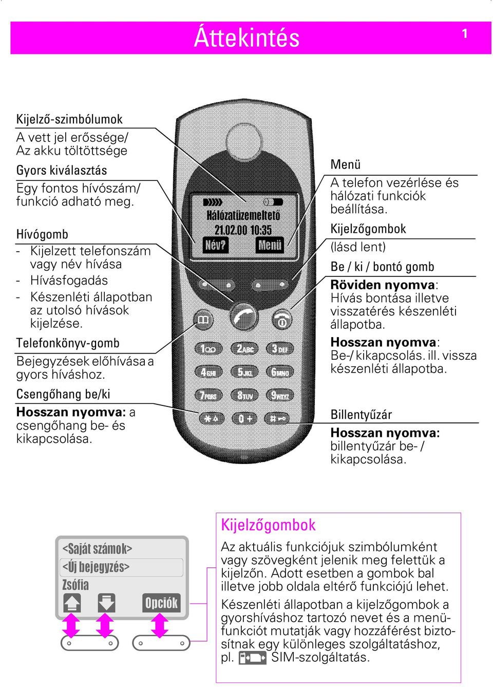 Csengőhang be/ki Hosszan nyomva: a csengőhang be- és kikapcsolása. t z Hálózatüzemeltetõ 21.02.00 10:35 (Név?) (Menü) Menü A telefon vezérlése és hálózati funkciók beállítása.