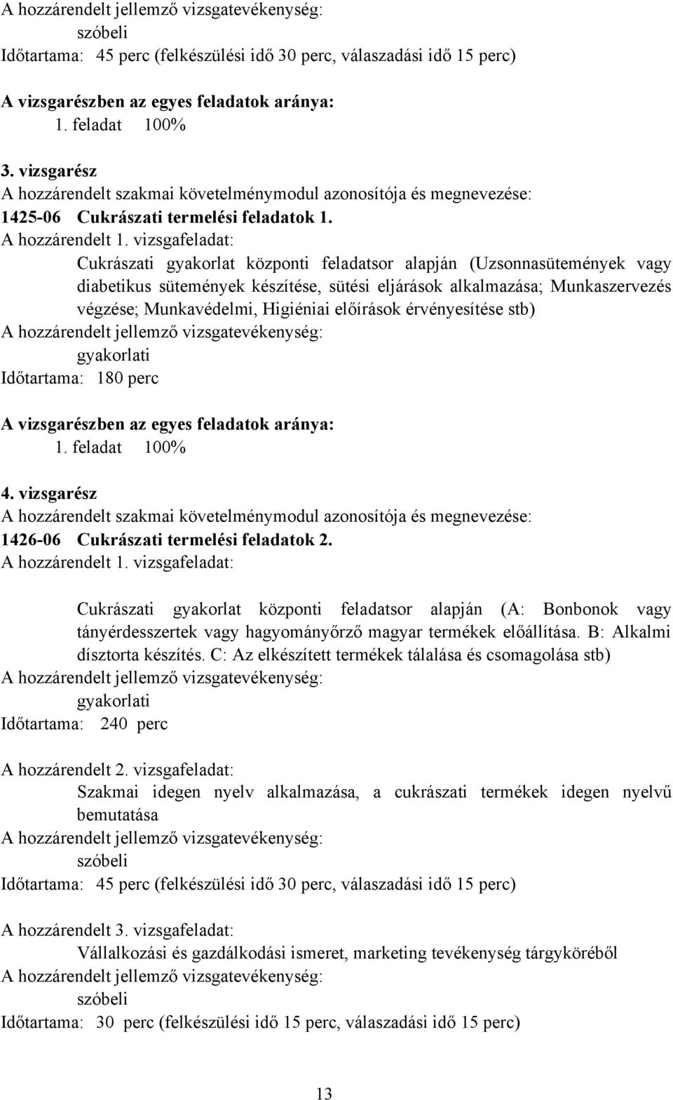 vizsgafeladat: Cukrászati gyakorlat központi feladatsor alapján (Uzsonnasütemények vagy diabetikus sütemények készítése, sütési eljárások alkalmazása; Munkaszervezés végzése; Munkavédelmi, Higiéniai
