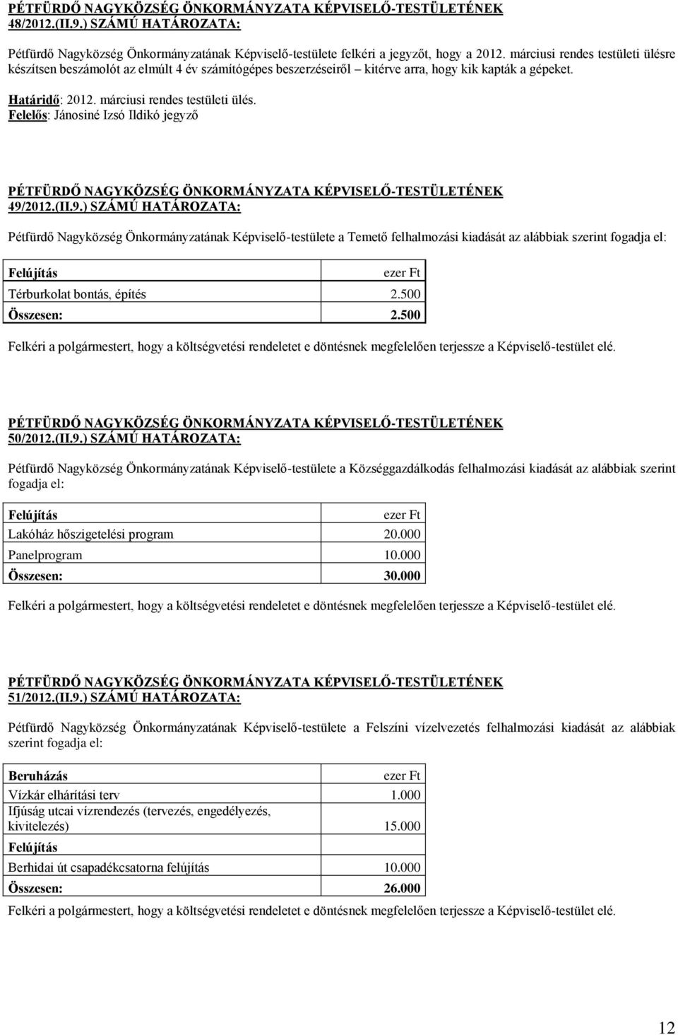 Felelős: Jánosiné Izsó Ildikó jegyző 49/