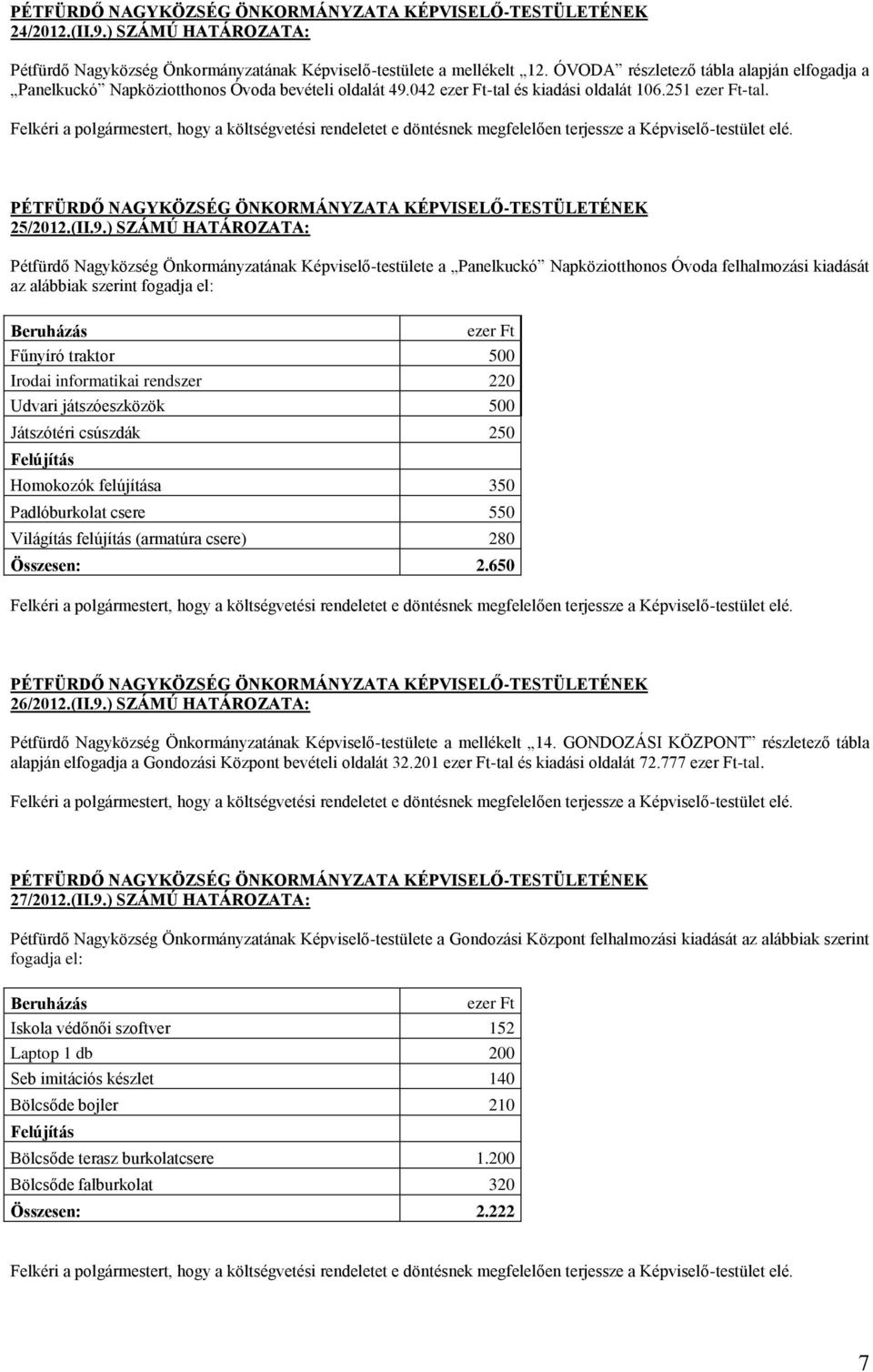 Felkéri a polgármestert, hogy a költségvetési rendeletet e döntésnek megfelelően terjessze a Képviselő-testület elé. 25/2012.(II.9.