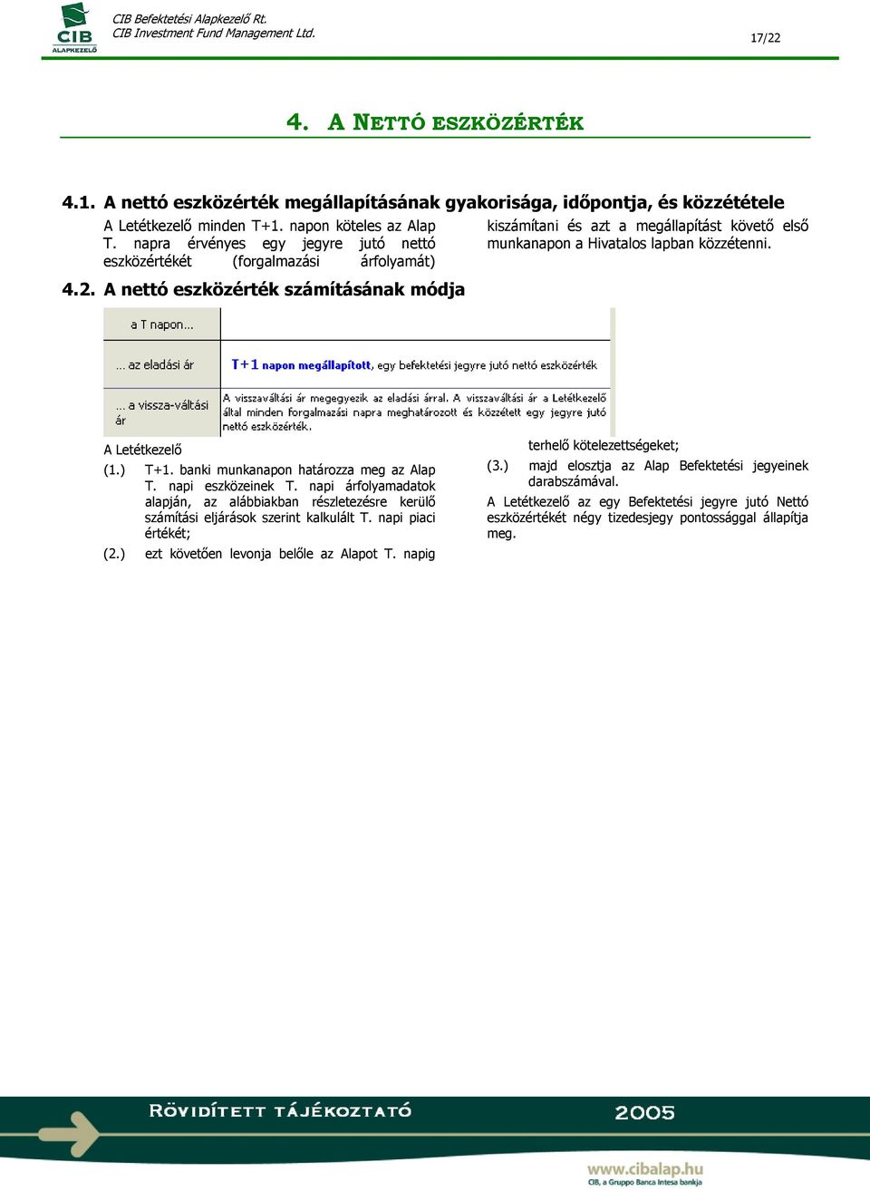 A nettó eszközérték számításának módja kiszámítani és azt a megállapítást követő első munkanapon a Hivatalos lapban közzétenni. A Letétkezelő (1.) T+1. banki munkanapon határozza meg az Alap T.