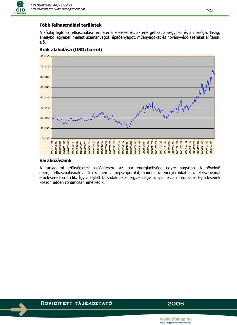 Árak alakulása (USD/barrel) Várakozásaink A társadalmi szükségletek kielégítésére az ipar energiaéhsége egyre nagyobb.