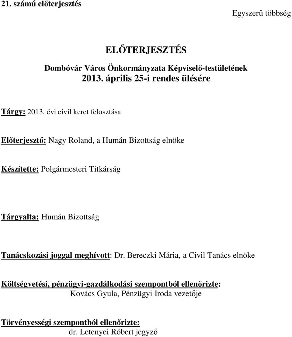 évi civil keret felosztása Előterjesztő: Nagy Roland, a Humán Bizottság elnöke Készítette: Polgármesteri Titkárság Tárgyalta: Humán