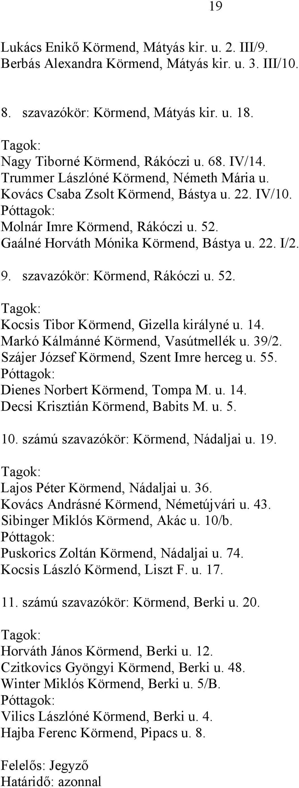 szavazókör: Körmend, Rákóczi u. 52. Tagok: Kocsis Tibor Körmend, Gizella királyné u. 14. Markó Kálmánné Körmend, Vasútmellék u. 39/2. Szájer József Körmend, Szent Imre herceg u. 55.