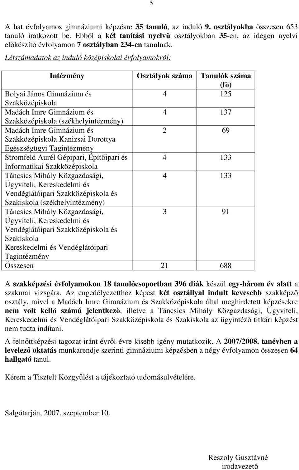 Létszámadatok az induló középiskolai évfolyamokról: Intézmény Osztályok száma Tanulók száma (fı) Bolyai János Gimnázium és 4 125 Szakközépiskola 4 137 Szakközépiskola (székhelyintézmény) 2 69