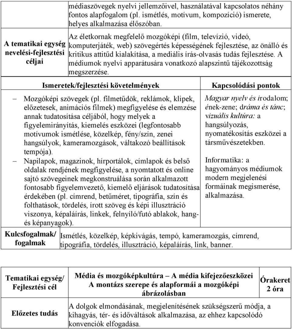 fejlesztése. A médiumok nyelvi apparátusára vonatkozó alapszintű tájékozottság megszerzése. Mozgóképi szövegek (pl.