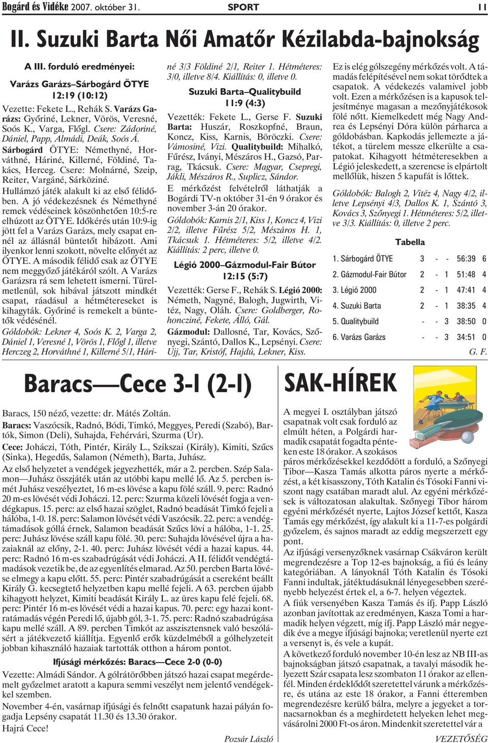 Sárbogárd ÖTYE: Némethyné, Horváthné, Háriné, Killerné, Földiné, Takács, Herceg. Csere: Molnárné, Szeip, Reiter, Vargáné, Sárköziné. Hullámzó játék alakult ki az elsõ félidõben.