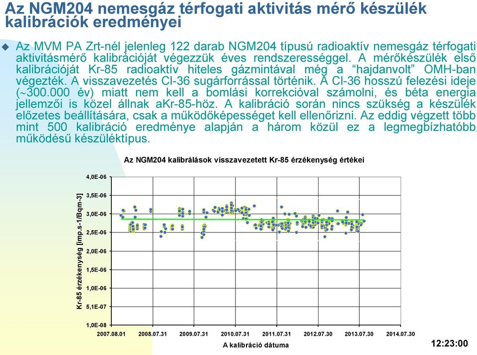 A mérőkészülék első kalibrációját Kr-85 radioaktív hiteles gázmintával még a hajdanvolt OMH-ban végezték. A visszavezetés Cl-36 sugárforrással történik. A Cl-36 hosszú felezési ideje ( 300.