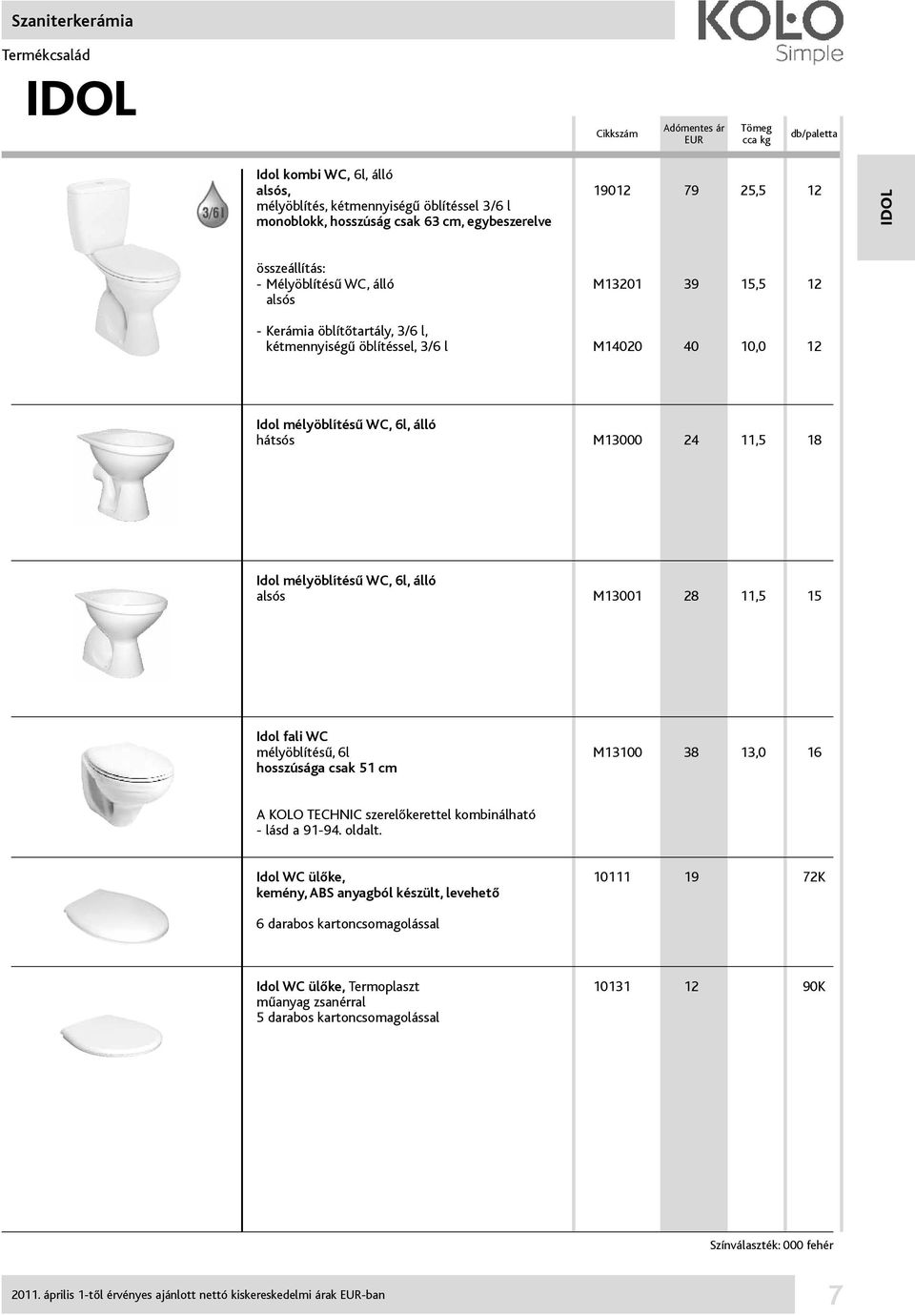 alsós M13001 28 11,5 15 Idol fali WC mélyöblítésű, 6l M13100 38 13,0 16 hosszúsága csak 51 cm A KOLO TECHNIC szerelőkerettel kombinálható - lásd a 91-94. oldalt.