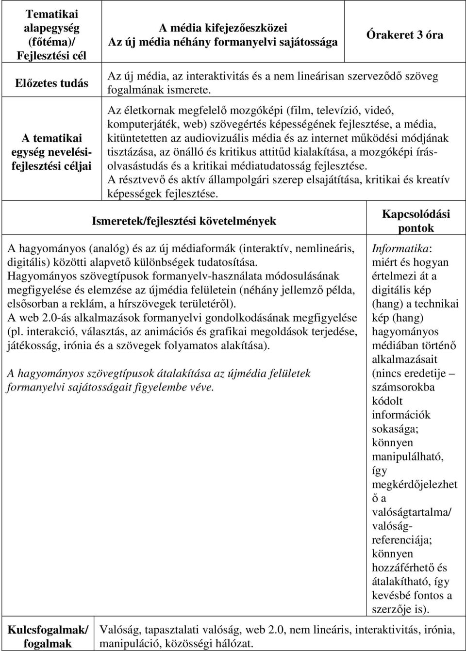 tisztázása, az önálló és kritikus attitűd kialakítása, a mozgóképi írásolvasástudás és a kritikai médiatudatosság fejlesztése.