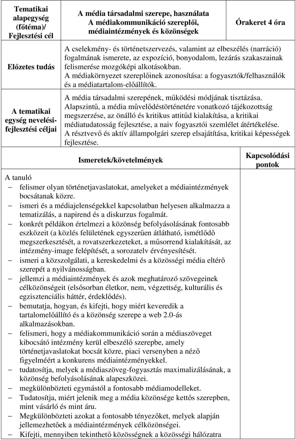 A médiakörnyezet szereplőinek azonosítása: a fogyasztók/felhasználók és a médiatartalom-előállítók. A média társadalmi szerepének, működési módjának tisztázása.