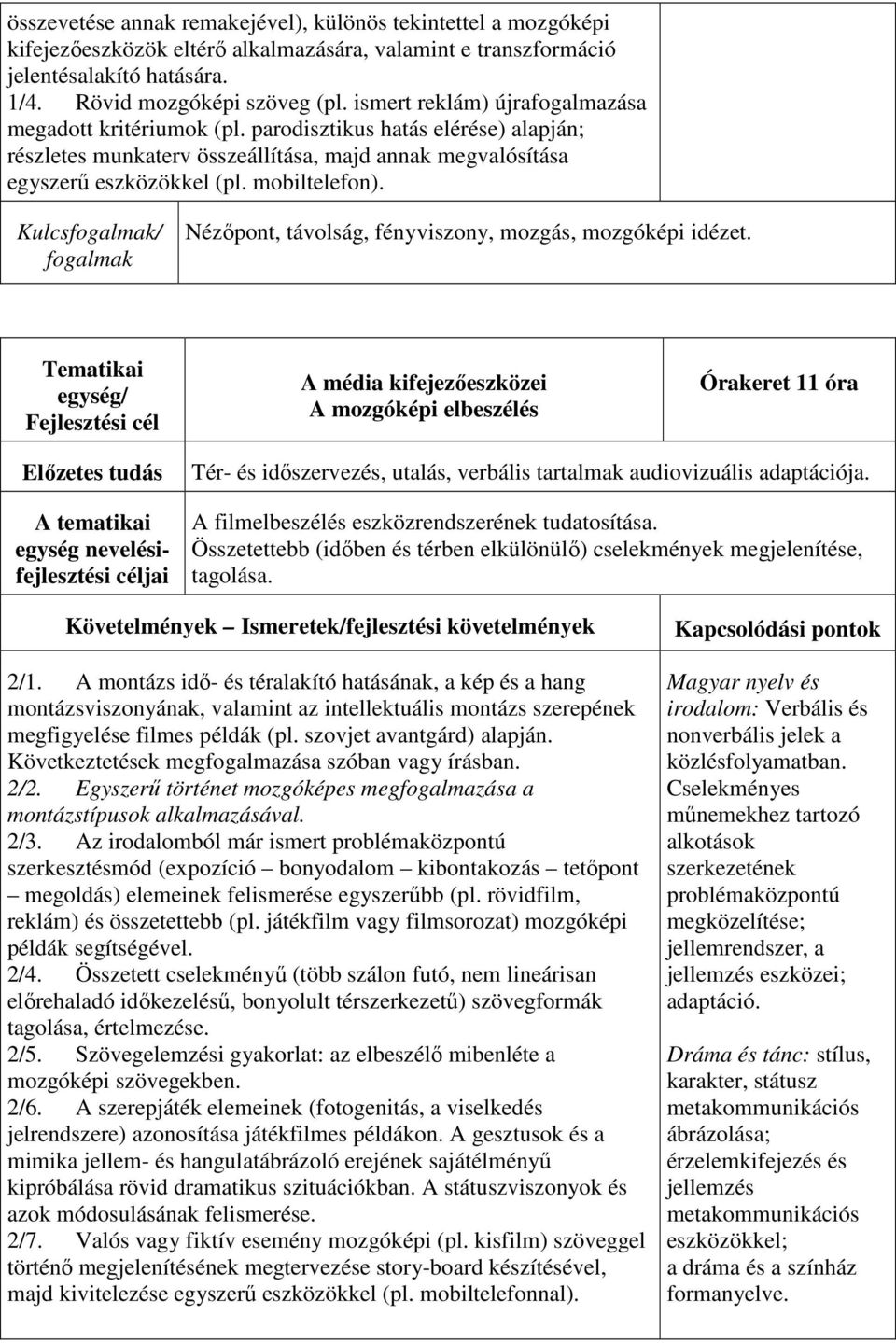 Nézőpont, távolság, fényviszony, mozgás, mozgóképi idézet. Tematikai egység/ A mozgóképi elbeszélés Órakeret 11 óra Tér- és időszervezés, utalás, verbális tartalmak audiovizuális adaptációja.