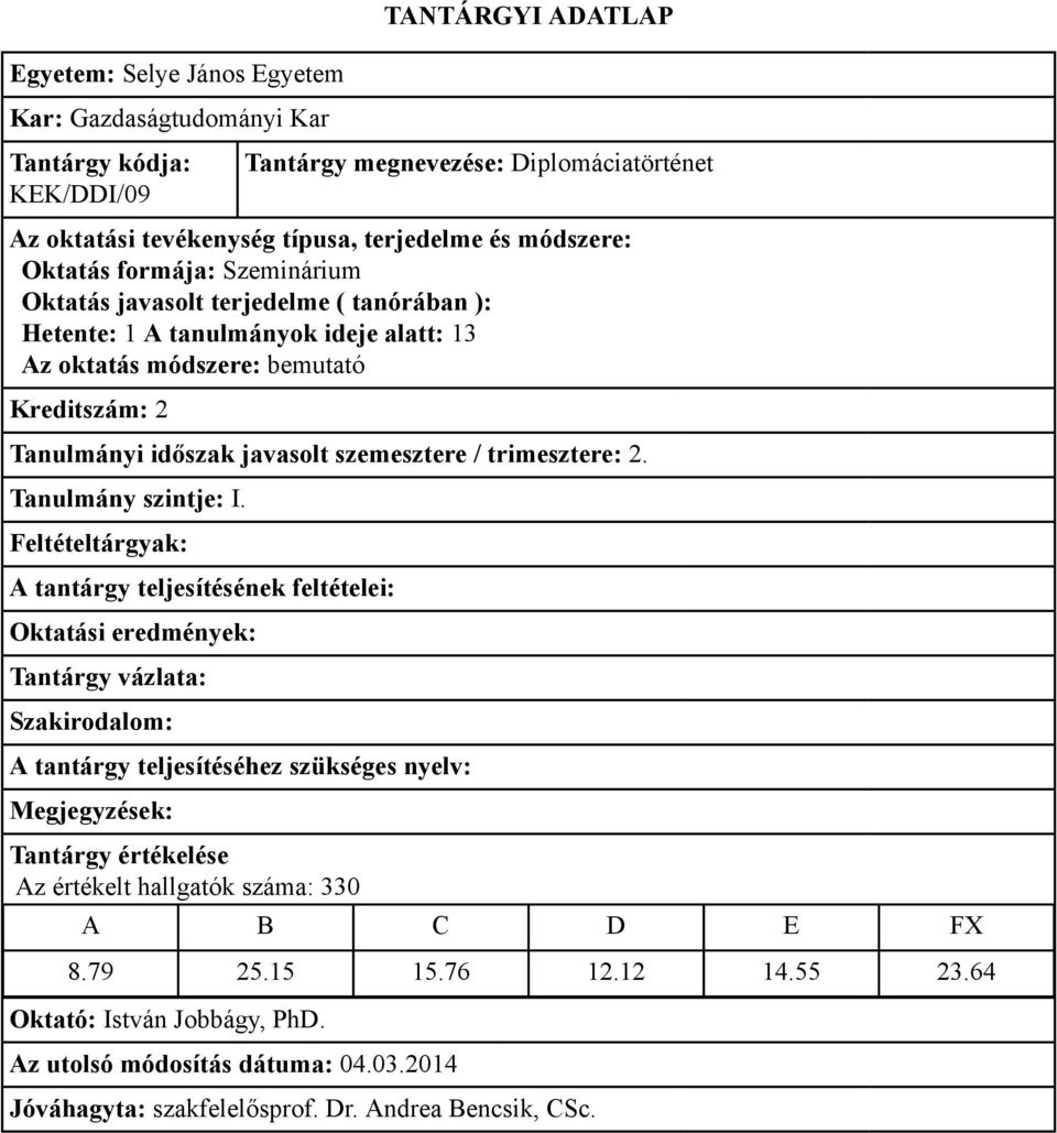 Kreditszám: 2 Tanulmányi időszak javasolt szemesztere / trimesztere: 2.