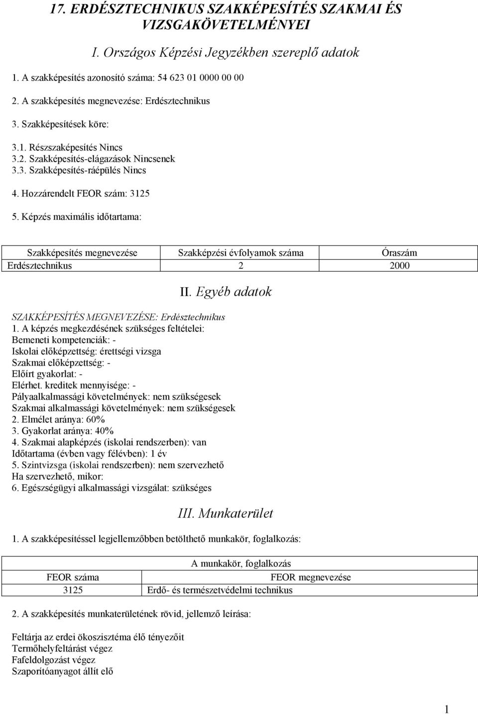 Hozzárendelt FEOR szám: 3125 5. Képzés maximális időtartama: Szakképesítés megnevezése Szakképzési évfolyamok száma Óraszám Erdésztechnikus 2 2000 II.