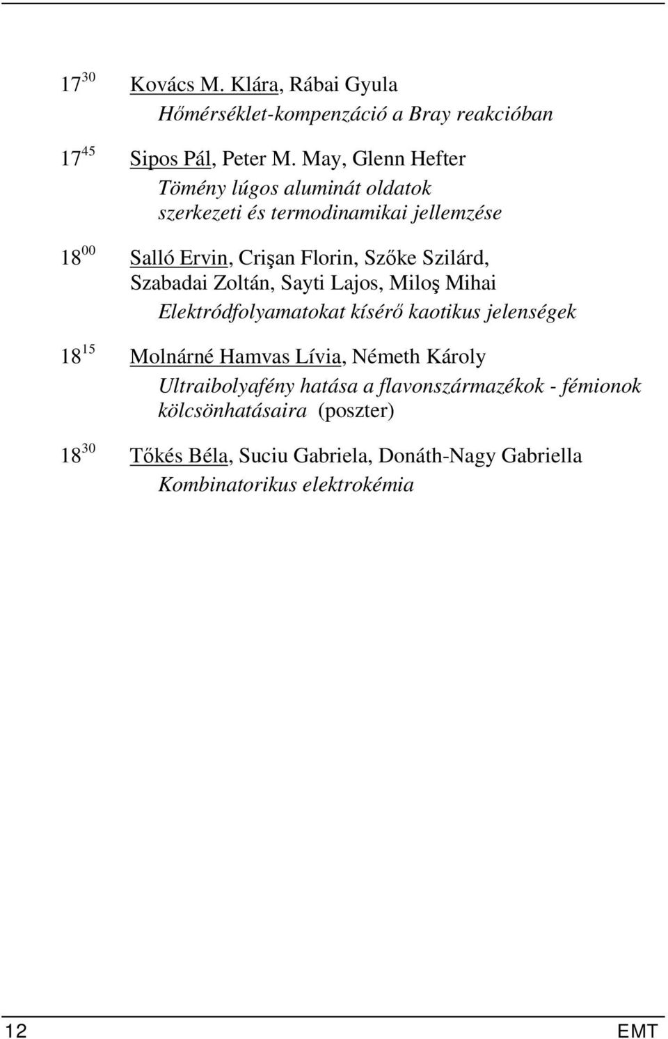 Szilárd, Szabadai Zoltán, Sayti Lajos, Miloş Mihai Elektródfolyamatokat kísérő kaotikus jelenségek 18 15 Molnárné Hamvas Lívia, Németh