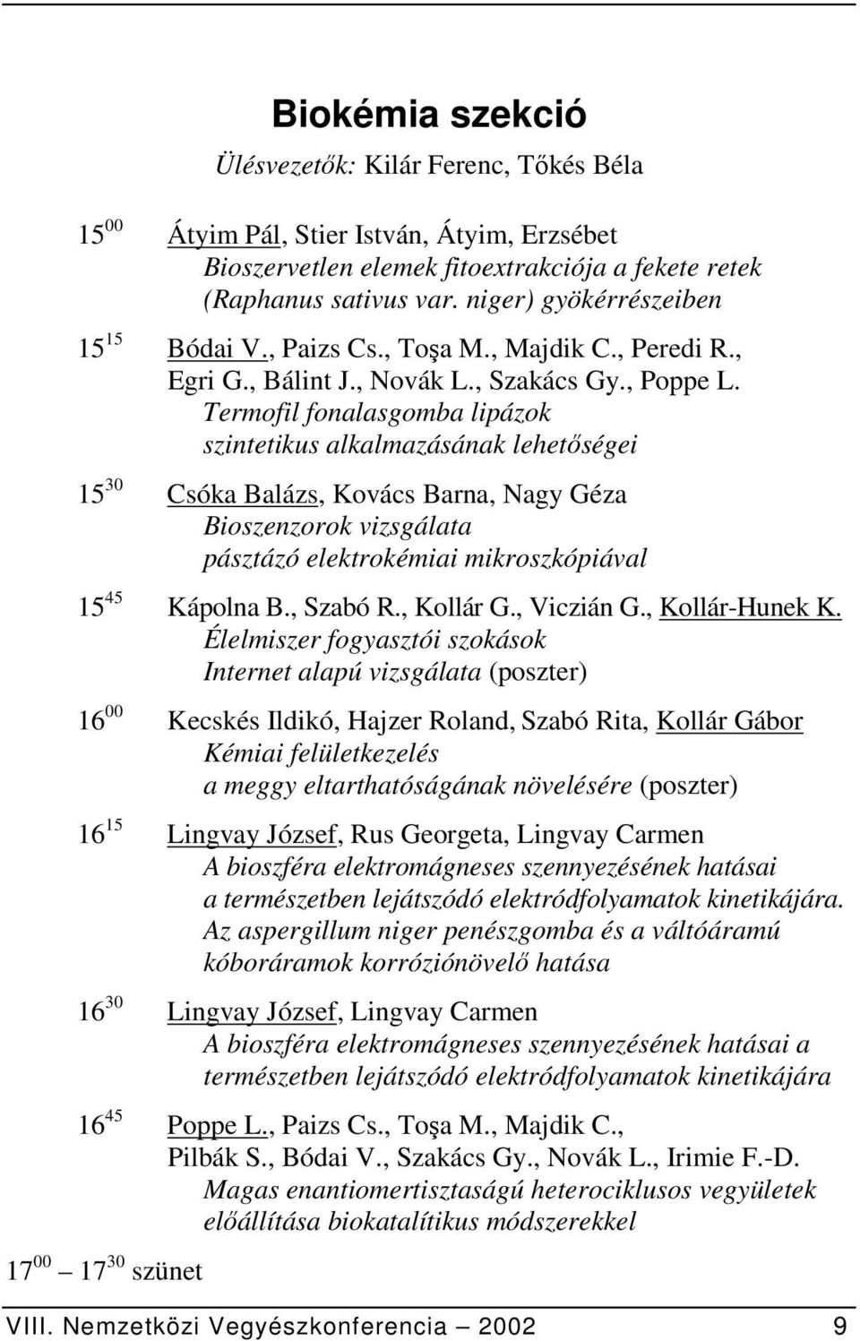 Termofil fonalasgomba lipázok szintetikus alkalmazásának lehetőségei 15 30 Csóka Balázs, Kovács Barna, Nagy Géza Bioszenzorok vizsgálata pásztázó elektrokémiai mikroszkópiával 15 45 Kápolna B.