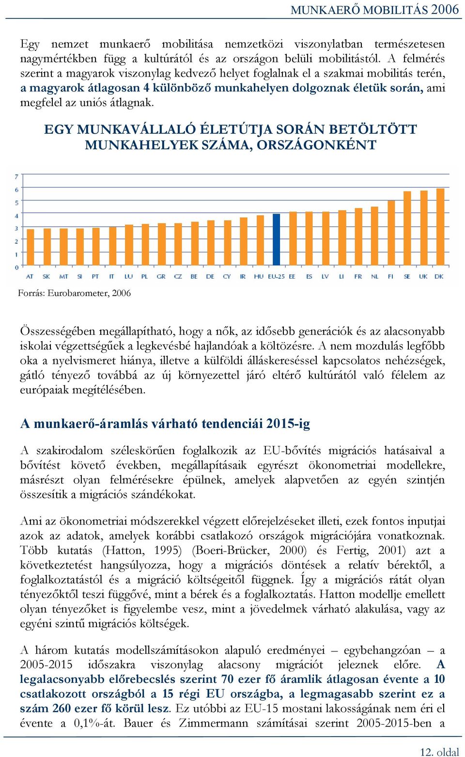 EGY MUNKAVÁLLALÓ ÉLETÚTJA SORÁN BETÖLTÖTT MUNKAHELYEK SZÁMA, ORSZÁGONKÉNT Forrás: Eurobarometer, 2006 Összességében megállapítható, hogy a nők, az idősebb generációk és az alacsonyabb iskolai