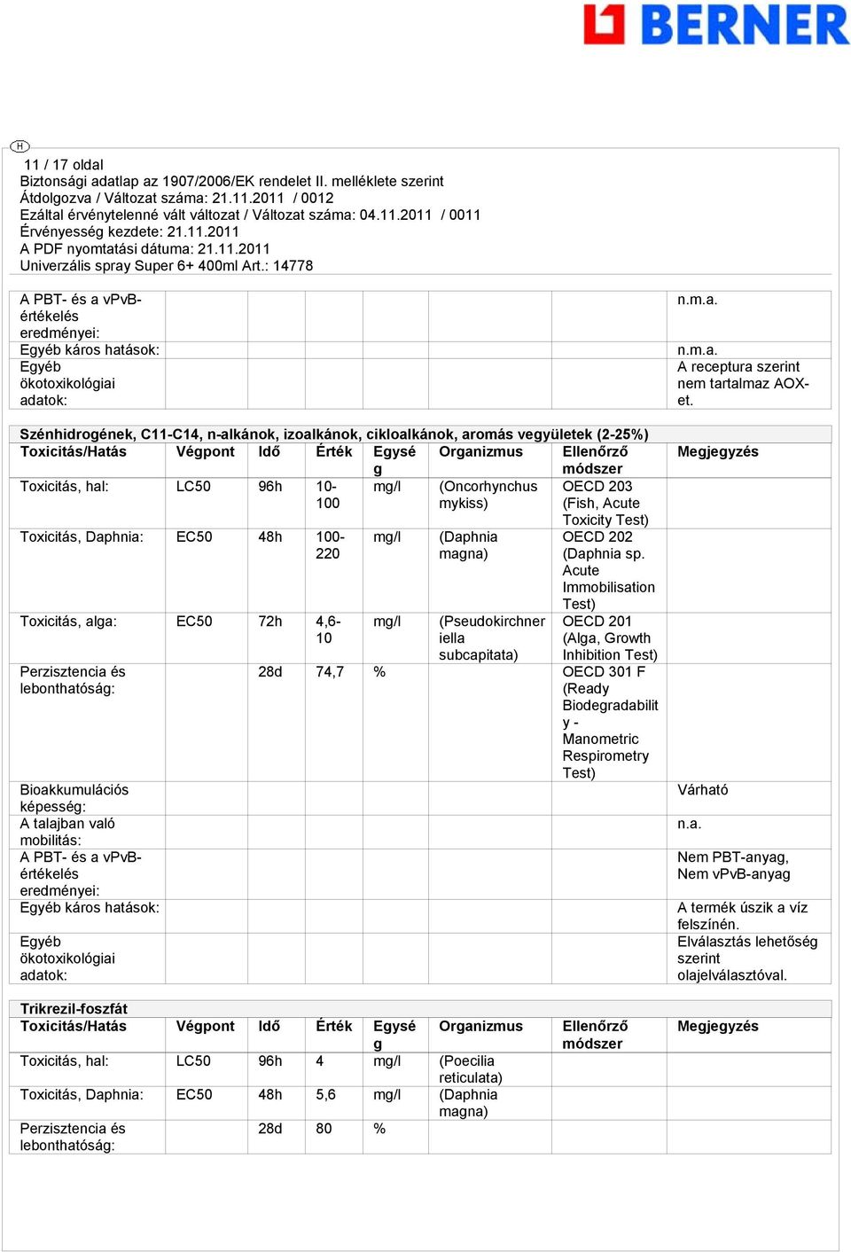 EC50 72h 4,6-10 Perzisztencia és lebonthatósá: Bioakkumulációs képessé: A talajban való mobilitás: A PBT- és a vpvbértékelés eredményei: Eyéb káros hatások: Eyéb ökotoxikolóiai adatok: m/l m/l