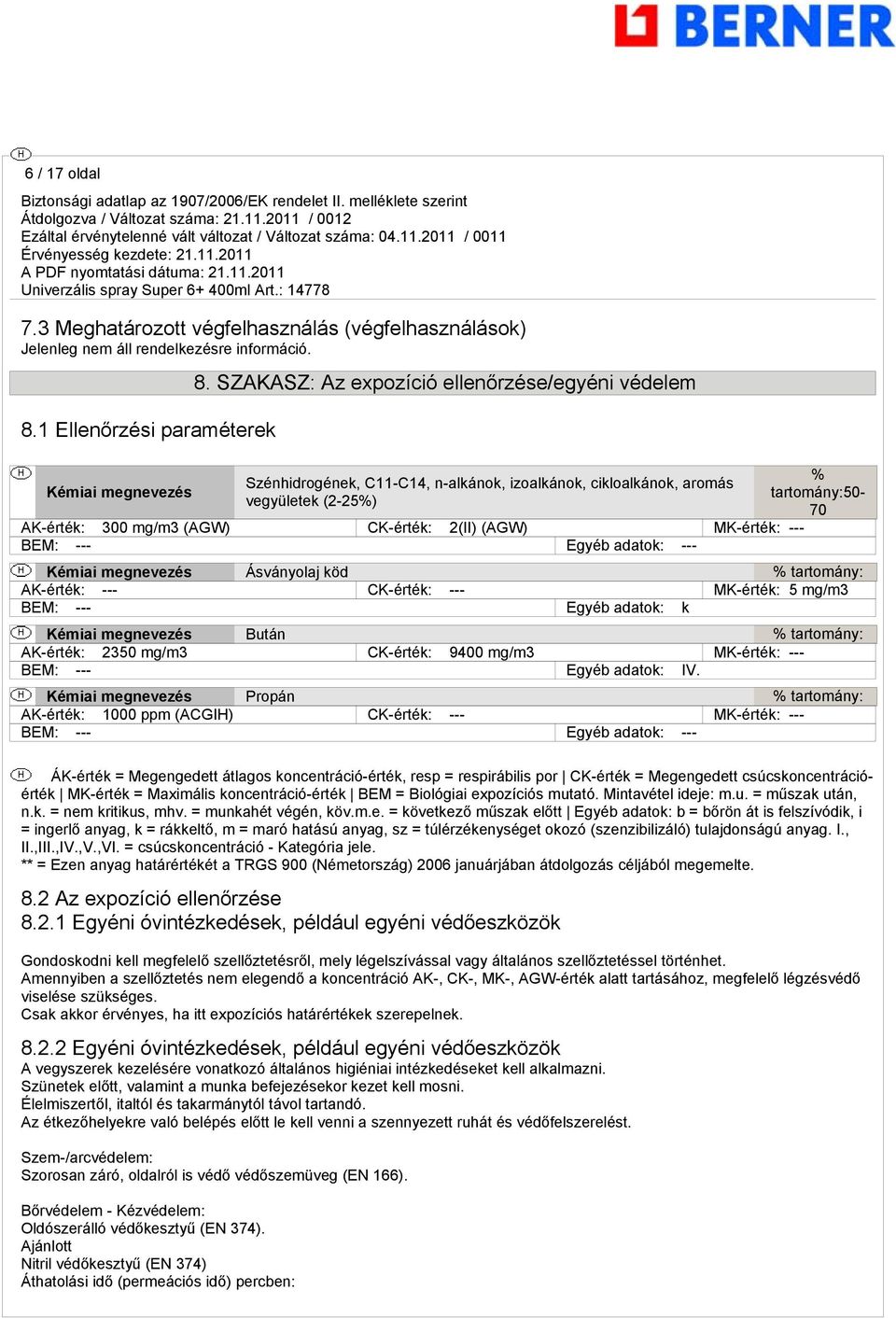 --- Eyéb adatok: --- % tartomány:50-70 Kémiai menevezés Ásványolaj köd % tartomány: AK-érték: --- CK-érték: --- MK-érték: 5 m/m3 BEM: --- Eyéb adatok: k Kémiai menevezés Bután % tartomány: AK-érték: