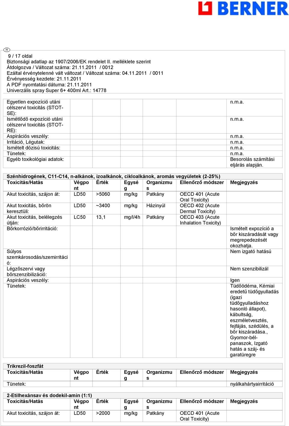 szájon át: LD50 >5060 m/k Patkány OECD 401 (Acute Oral Toxicity) Akut toxicitás, bőrön LD50 ~3400 m/k Házinyúl OECD 402 (Acute keresztüli: Dermal Toxicity) Akut toxicitás, belélezés LC50 13,1 m/l/4h