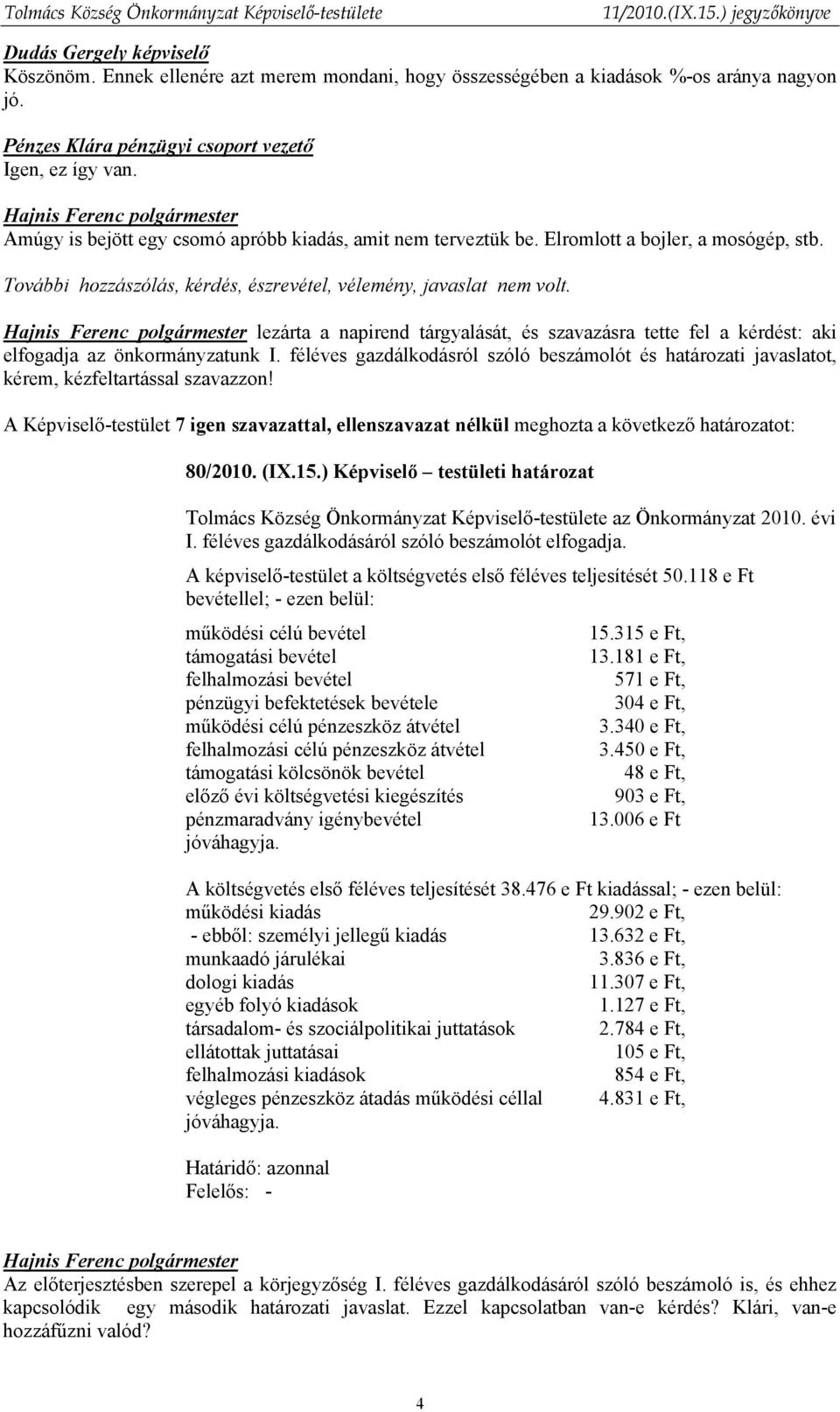 lezárta a napirend tárgyalását, és szavazásra tette fel a kérdést: aki elfogadja az önkormányzatunk I.