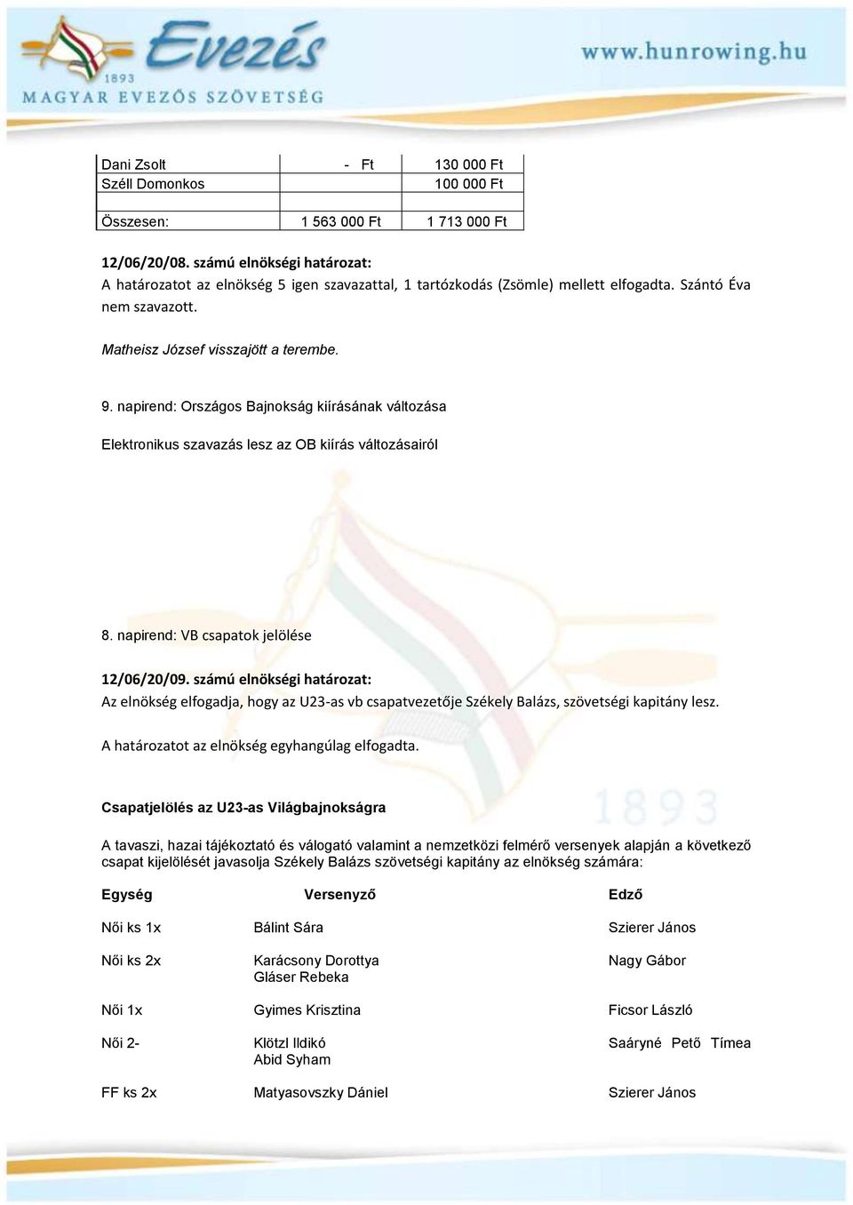 napirend: Országos Bajnokság kiírásának változása Elektronikus szavazás lesz az OB kiírás változásairól 8. napirend: VB csapatok jelölése 12/06/20/09.