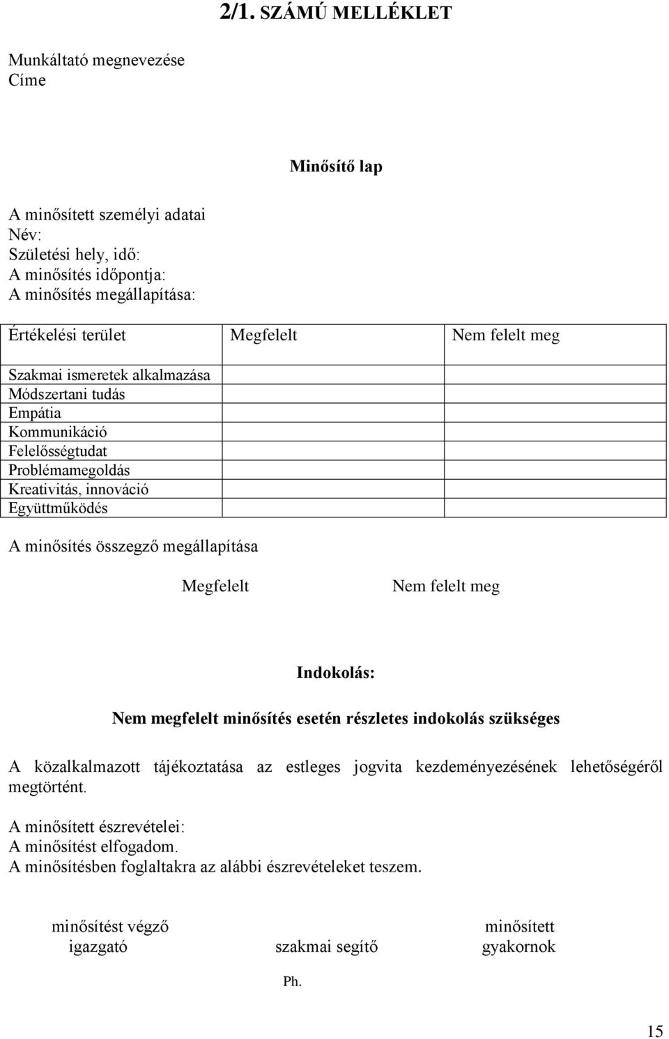 megállapítása Megfelelt Nem felelt meg Indokolás: Nem megfelelt minősítés esetén részletes indokolás szükséges A közalkalmazott tájékoztatása az estleges jogvita kezdeményezésének