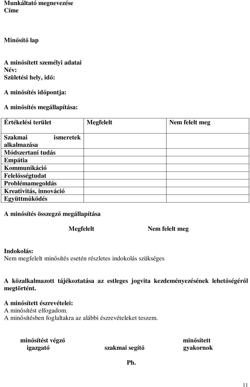 megállapítása Megfelelt Nem felelt meg Indokolás: Nem megfelelt minősítés esetén részletes indokolás szükséges A közalkalmazott tájékoztatása az estleges jogvita kezdeményezésének