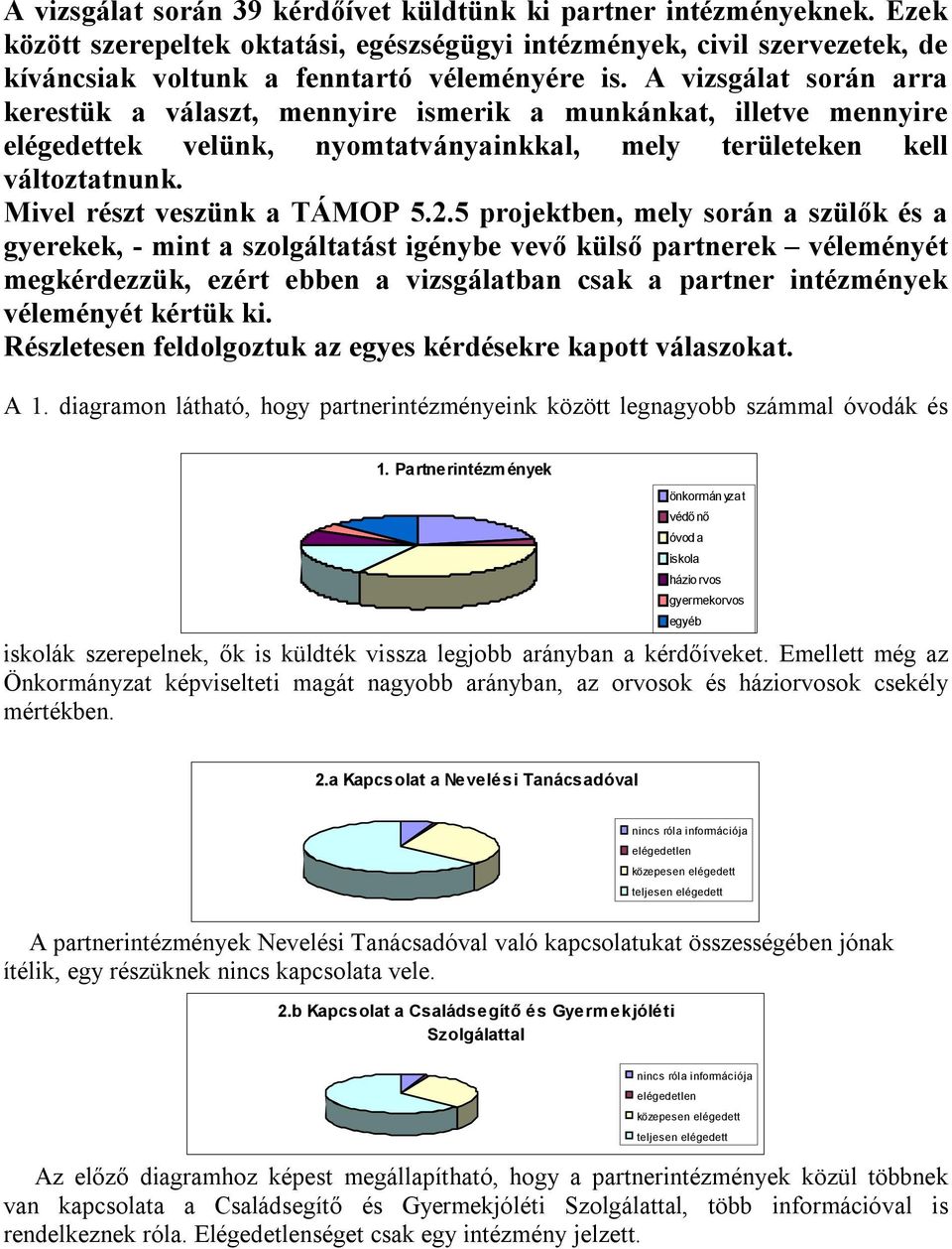 5 projektben, mely során a szülők és a gyerekek, - mint a szolgáltatást igénybe vevő külső partnerek véleményét megkérdezzük, ezért ebben a vizsgálatban csak a partner intézmények véleményét kértük