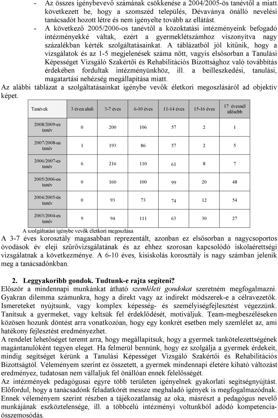 A táblázatból jól kitűnik, hogy a vizsgálatok és az 1-5 megjelenések száma nőtt, vagyis elsősorban a Tanulási Képességet Vizsgáló Szakértői és Rehabilitációs Bizottsághoz való továbbítás érdekében