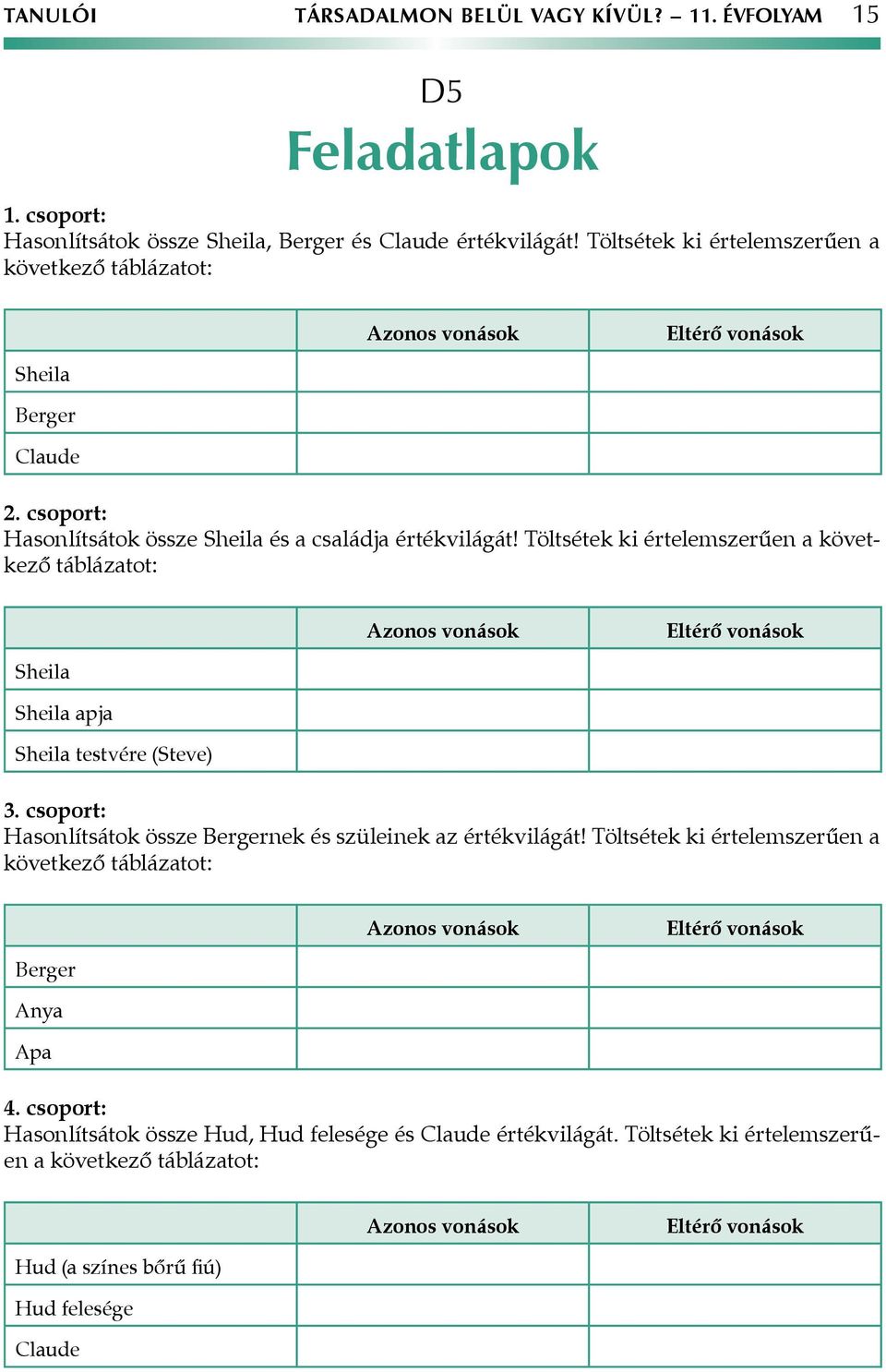 Töltsétek ki értelemszerűen a következő táblázatot: Azonos vonások Eltérő vonások Sheila Sheila apja Sheila testvére (Steve) 3. csoport: Hasonlítsátok össze Bergernek és szüleinek az értékvilágát!