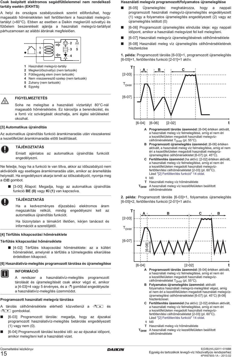 1 6 1 Használati melegvíz-tartály 2 Megkerülőszivattyú (nem tartozék) 3 Fűtőegység elem (nem tartozék) 4 Nem visszaeresztő szelep (nem tartozék) 5 Zuhany (nem tartozék) 6 Egység FIGYELMEZTETÉS Soha