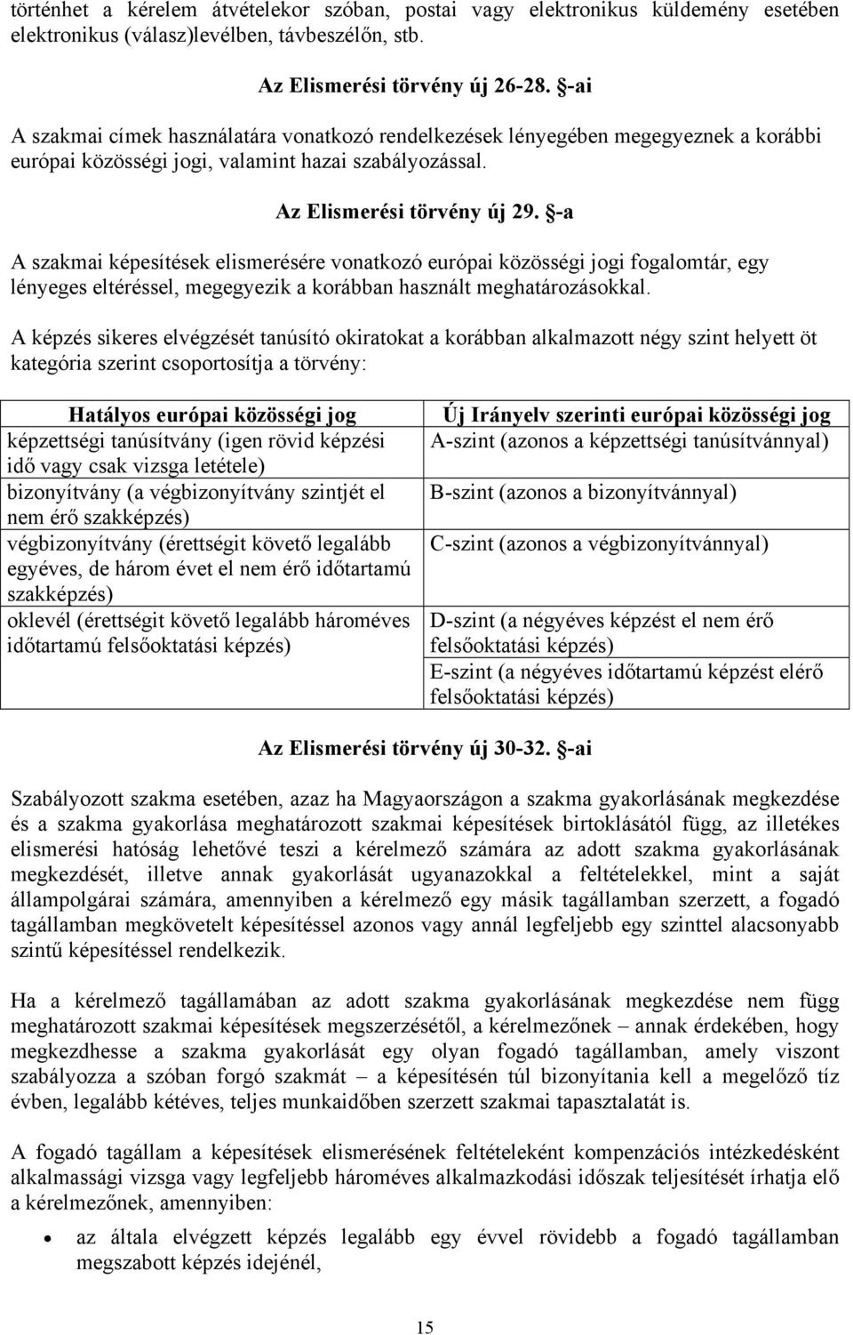 -a A szakmai képesítések elismerésére vonatkozó európai közösségi jogi fogalomtár, egy lényeges eltéréssel, megegyezik a korábban használt meghatározásokkal.