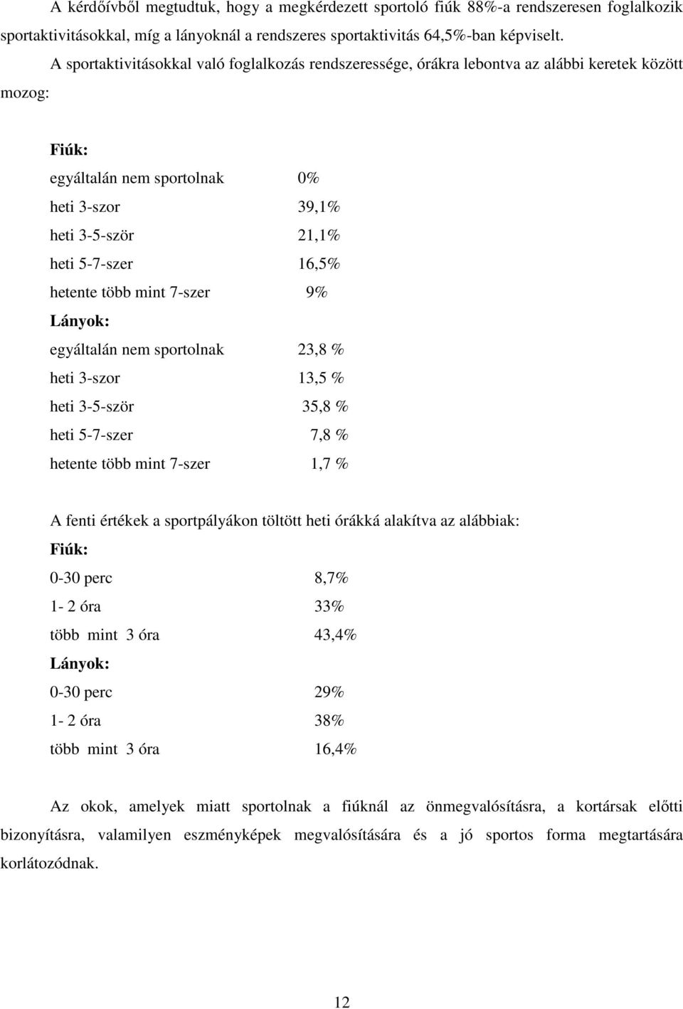 több mint 7-szer 9% Lányok: egyáltalán nem sportolnak 3,8 % heti 3-szor 3,5 % heti 3-5-ször 35,8 % heti 5-7-szer 7,8 % hetente több mint 7-szer,7 % A fenti értékek a sportpályákon töltött heti órákká