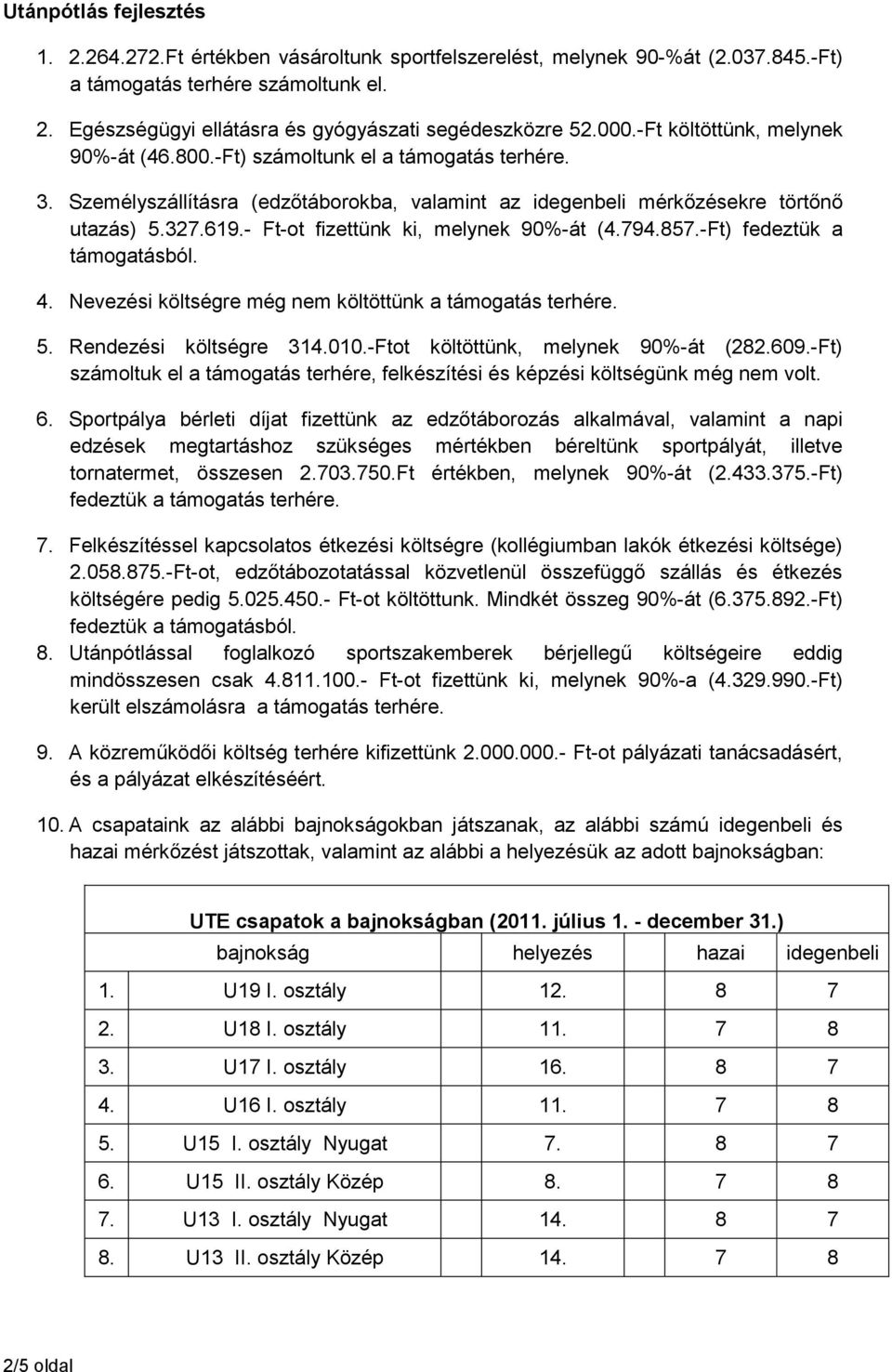 - Ft-ot fizettünk ki, melynek 90%-át (4.794.857.-Ft) fedeztük a ból. 4. Nevezési költségre még nem költöttünk a terhére. 5. Rendezési költségre 314.010.-Ftot költöttünk, melynek 90%-át (282.609.