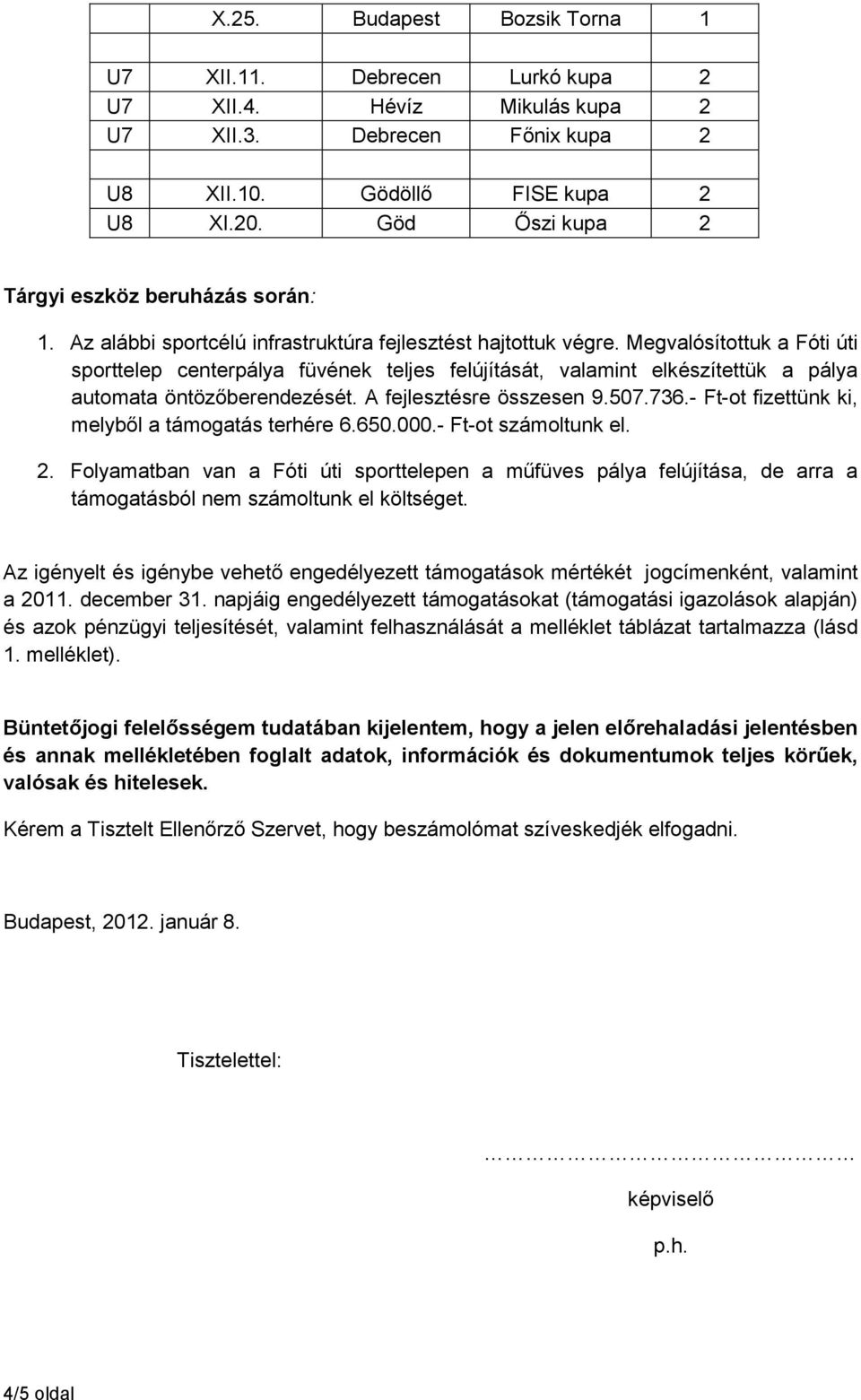 Megvalósítottuk a Fóti úti sporttelep centerpálya füvének teljes felújítását, valamint elkészítettük a pálya automata öntözőberendezését. A fejlesztésre összesen 9.507.736.