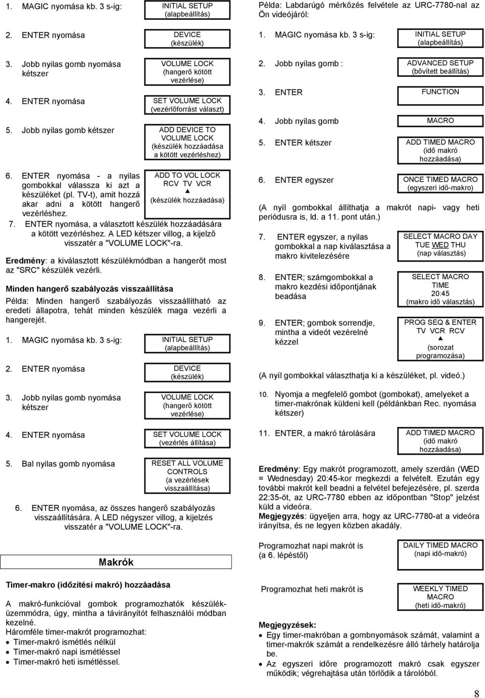 -t), amit hozzá akar adni a kötött hangerő vezérléshez. ADD TO VOL LOCK RCV VCR (készülék hozzáadása) 7. ENTER nyomása, a választott készülék hozzáadására a kötött vezérléshez.