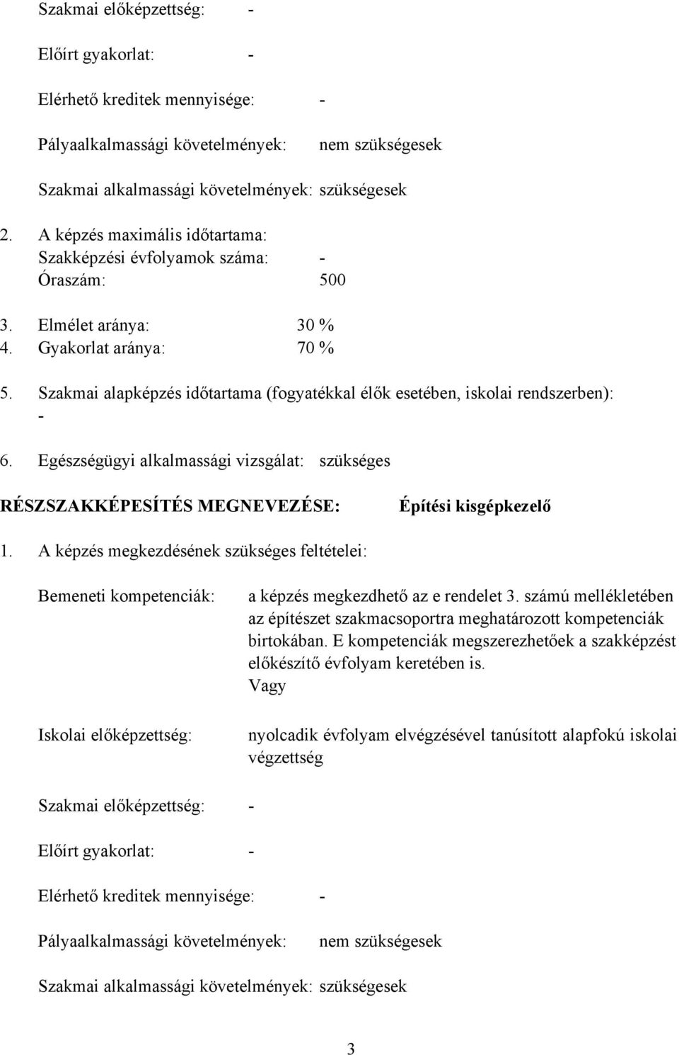 Szakmai alapképzés időtartama (fogyatékkal élők esetében, iskolai rendszerben): - 6. Egészségügyi alkalmassági vizsgálat: szükséges RÉSZSZAKKÉPESÍTÉS MEGNEVEZÉSE: Építési kisgépkezelő 1.