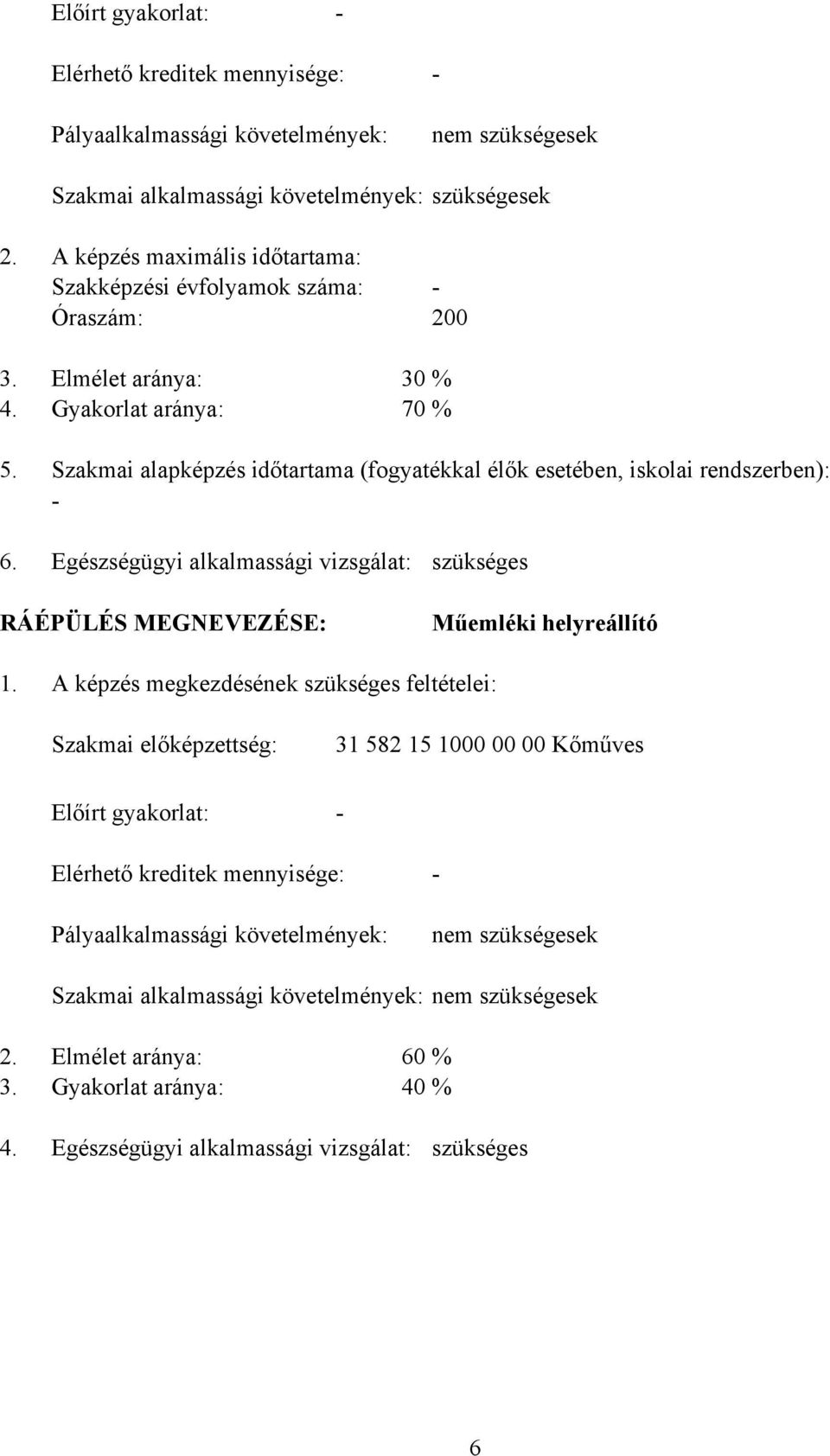 Szakmai alapképzés időtartama (fogyatékkal élők esetében, iskolai rendszerben): - 6. Egészségügyi alkalmassági vizsgálat: szükséges RÁÉPÜLÉS MEGNEVEZÉSE: Műemléki helyreállító 1.